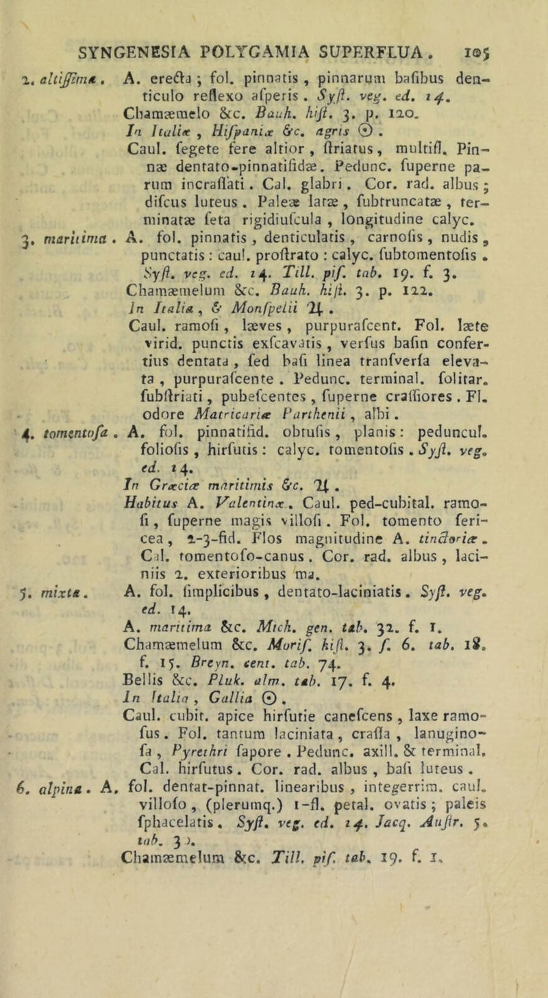 2. altijfim*. A. ere&amp;d ; fol. pinnatis, pinnarum bafibus den- ticulo reflexo afperis . Syjl. veg. ed. 14. Chamaemelo &amp;c. Bauli, hiji. 3. p. 120. I'i Iculite , Hifpanix &amp;c. agris © . Caul. fegete fere altior , (friatus, multifl. Pin- nae dentato-pinnatifidae. Pedunc. fuperne pa- rum incraflati. Cal. glabri. Cor. rad. albus; difcus luteus . Paleae latae, fubtruncatae , ter- minatae feta rigidiufcula , longitudine calyc. 3. maritima. A. fol. pinnatis, denticulatis, carnolis , nudis, punctatis : caul. proftrato : calyc. fubtomentofis . Syft. veg. ed. 14. Till. pif. tab. 19. f. 3. Chamaemelum &amp;c. Bauh. hift. 3. p. 122. In Italia , &amp; Monfpelii ![■ . Caul. ramofi, laeves, purpurafcent. Fol. laete virid. punctis exfcavatis, verfus bafin confer- tius dentata , fed bafi linea tranfverla eleva- ta , purpurafcente . Pedunc. terminal. folitar. fubftriati, pubefcentes , fuperne cralfiores . FI. odore Matricarue Parthenii , albi. 4. tomentofa . A. fol. pinnafiiid. obtufis, planis: peduncuf. foliolis , hirfutis: calyc. tomentolis. Syjl. veg. ed. 14. In Grxcire maritimis &amp;c. Tj . Habitus A. Valentinx. Caul. ped-cubital. ramo- fi, fuperne magis villofi. Fol. tomento feri- cea, 1-3-fid. Flos magnitudine A. tinBoriar. Cal. tomentofo-canus . Cor. rad. albus, laci- niis 2. exterioribus ma. 5. mixte. A. fol. (implicibus , dentato-laciniatis. Syjl. veg. ed. 14. A. maritima. &amp;c. Mtch. gen. teb. 32. f. I. Chamaemelum &amp;c. Murif hift. 3. f. 6. tab. i2. f. 15. Brcyn. cent. tab. 74. Bellis &amp;c. Pluk. alm. teb. 17. f. 4. In Italia , Gallia © . Caul. cubif. apice hirfutie canefcens , laxe ramo- fus. Fol. tantum laciniata , crafla , lanugino- fa , Pyrethri fapore . Pedunc. axi!!. &amp; terminal, Cal. hirfutus. Cor. rad. albus , bafi luteus . t\. alphi a. A. fol. dentat-pinnat. linearibus, integerrira. caul. villolo , (plerumq.) i-fl. petal. ovatis; paleis fphacelatis. Syjl. veg. ed. 14. Jacq. Auftr. 5. tab. 3 ).