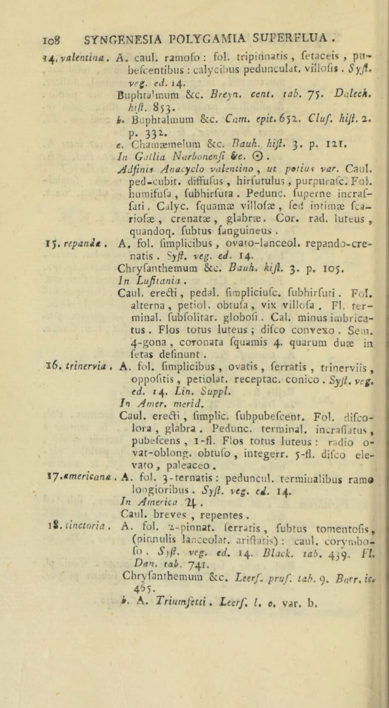 ■i^.valentiua. A. caul. ramofo : fol. tripinnatis , fetaceis , pu- befcentibus: calycibus pedunculat. villofu . Syjl. Vrg■ ed. 14&gt; BuphtaUnum &amp;c. Breyn. cent. tab. yj. Daleck. hift. 853. b. Buphtalmum &amp;c. Cam. epit.651. Cluf. hift. l. P* 331* Chamaemelum &amp;c. ftauk. hift. 3. p. ni. In Gallia Narbonenji &amp;c. 0 . AJfinis Anacyclo valentino , ut paiiuc var. Caul. ped-cubit. diffufus, hirfutulus, purpurafc. Fol. hutnifufa , fubhirfura . Pedunc. fuperne incraf- fati. Calyc. fquamm villofae , fed intimae fca- riofae , crenatae, glabrae. Cor. rad. luteus, quandoq. fubtus (anguineus . ly. repanda . A. fol. fimplicibus, ovato-lanceol. repando-cre- natis . Syft. veg. ed. 14. Chryfanthemum &amp;c. Bauh. hijl. 3. p. ioj. In Lufitania . Caul. eredi, pedal. fimpliciufc. fubhirfuri. Fol. alterna, petiol. obtufa , vix villofa . FI. fer- minal. fubfolitar. globoli . Cal. minus imbrica- tus . Flos totus luteus ; difco convexo . Sem. 4-gona , coronata fquamis 4. quarum duae in fetas definunt . 3 6.trinervia. A. fol. fimplicibus, ovatis, ferratis, trioerviis , oppofitis, petiolat. receptae, conico . Syjl. veg. ed. 14. Lin. Suppi. In Amer, merid. Caul. eredi , fimplic. fubpubefcent. Fol. difeo- lora , glabra . Pedunc. termina], incrafiatus, pubefeens, i-fl. Flos torus luteus: r;.dio o- vat-oblong. obtufo , integerr. j-fl. difco ele- vato , paleaceo . ly.tmerieana . A. fol. 3-rernatis: peduncul. terminalibus ramo longioribus. Syjl. veg. ed. 14. In Amencu 4- Caul. breves , repentes . 18. tine tori a. A. fol. 'i-pinnat. (erratis, fubtus tomentofis, (pinnulis lanceolat. ariftatis) : caul. corymbo-* fo . Syft. veg. ed. 14. Black, tab. 439. FI. Dan. tab. 74r. Chryfanthemum &amp;c. Leerf. pruf. tab. 9. Bnrr. ic* 465.