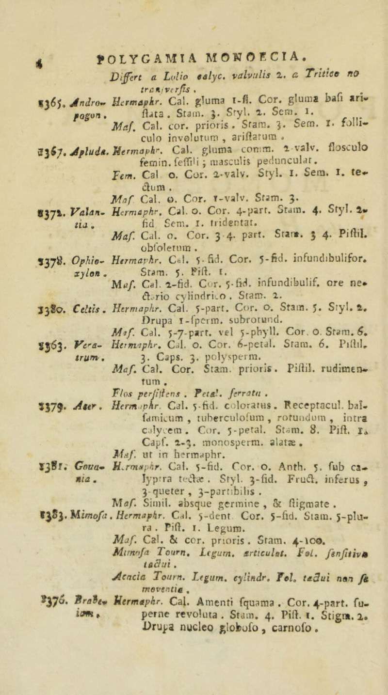 1» O L Y G A MI A M O N O K C I A . Vifert a Lidh ealyc. valvulis a Tritiae no trcn^verjis . 1365. Jndro^ Ihrmapkr. Cal. gluma i-fl. Cor. gluma bafi an- fogon, ftjta . Stain. J. Sryl. 1. Sem. i. Mnf, Cal. cor. prioris . Srara. 3. Sem. !• folli- culo involutum , ariftafura . jdfludti» Jdermapb'. Cal. gluma con;m. 1 valv. flosculo fetnin. fefliU ; masculis peduncular. Tem. Cal o. Cor. a-valv. Sryl. i. Sera. i. te- dum . MaT Cal. O. Cor. T-valv. Sfam. 3. 93^1. Valan&lt;m Hcrmaphr, Cal. O. Cor. Stain. 4* Sty'I. nj. fid Sem. i. tridentat. Maf. Cal. o. Cor. 3 4. part. Stai». 5 4. Piftil. oblolettim . 937«. Ophie^ Htrmavhr. Cd. 5-ftd. Cor. 5-fid. infunclibulifor. xylon. Srara. 5. Pifl. i. Maf. Cal. a-fid. CuT. 5-tid. infundibulif. ore ne* d.rio cylindri-O . Sram. i. J3S0. Celtis. Hermaphr. Cal. 5-part. Cor. O. Stam. 5* Styl. a, Drupa i-fperm. subrotund. M*f. Cal. 5-7-p«rt. vel 5-pbyll. Cor. o. Sram. S5'^3* Heinuphr. Cal. o. Cor. 6-petjl. Srara. 6. Pillil. trum . 3. Caps. 3. poly,';peira. Maf. Cal. Cor. Stam. prioris. Piftil. rudimen- tum . Ths per (iit ens . Pettl. ferrata . 5379. Ater. Hermipkr. Cal. 5-fid. coloratus. Feceptacul. bal- fdmicurn , tuberculolum , rotundum, intra cjly.em. Cor. 5-peral. Stam. 8. Pift. Xa Capf. 1-3. monosperm. alatae, Xftif. ut in hermaphr. Goua» H.rmsf.hr. Cal. 5-fid. Cor. O. Anth. 5. fub ca- Hia. lyprra tedic . Sfyl. 3-fid. Frud. inferus, 3-queter , 3-partibilis . Mfl/- Simii, absque germine , &amp; fligmate . t^Si.fAimofa. Hermaphr, Cal. 5-dent Cor. 5-fid. Stam. j-plu- ra . Pifl. I. Legum. Maf. Cal. &amp; cor. prioris. Stam. 4-100. Mirnnfa Totirn. Ltgurn, srttculat. Fel, fanjitiv» tadui. Aeneia Tourn. Legum, cylindr. Tei. taSui nan /i moventi e , 537^* Uermnphr. CaJ. Amenti fquama . Cor. 4-part. fu- iim^ perne revoluta. Stam. 4. Pift. i. Stigm. 1. Drupa nucleo glofcufo , carnofo,