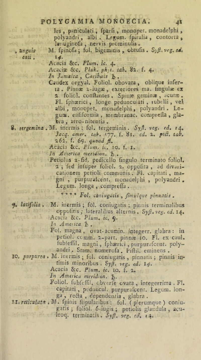 les , p^niculari, fparfi , raonopet. monadelphi, polyandri, albi , Lfgum. fpiralia , contorta * lanuginofa , nervis prominulis. , Unguis M. fpinofd ; fol. bigemmis, obtufis. S)fl,veg,td, ' cati, 14. Acacia &amp;c. Pium, ic, 4. Acaciae &amp;c. Pluk. pk^t. tah, 82. f. 4. In Jumaicc , Caribuis , Caudex orgyal. Foliol. obovara , oblique infer- ta . Pinnae z*iugaD , exteriores ma. lingulae ex a folio!, conflantes. Spinae geminae, acutae. FI. fpharrici, longe pecluncuiati , rubelli, ve!l albi, monopet. monadelphi, polyandri. Le- gum. enliformia , menabranac. comprella , gla- bra , atro-nitentia. 8f tergemina , M. inermis: fol. tergeminis. SyJ. veg, ed. /4, Jacq. amer. tab. &lt;77. f. 81. cd. 1. piS, tab, 161, f. 69. quoad fi. Acacia &amp;c. Pium. u. 10. f. i. in Jlmerica mendion. i . Petiolus i-fid. pedicello fingulo terminato folio!. 1 ; led infuper foliol. 1. oppofita , ad divari- cationem petioli communis. FI. capitati , ma- gni , purpuralcenf. monadelphi , polyandri , Legum, longa , comprefla . * * * * Fol. coniugtiiis , Jimulque pinnatis . latifolia , M. inermis; fol. coniugati.s ; pinnis terminalibus oppolitis; lateralibus alternis. Syfi.veg. eJ. 14, Acacia Scc. Pium. ic. In Amcica jb . Fol. magna, ovat-acumin. integerr, glabra: in petiol. ccmm. i-part. pinnae 10. FI. ex caul. lubfelTil. magni, fphaerici , piirpurafcent. poly- andri . Stam. numerofa. Piftil. eminens . 10, purpurea* M. inermis; fol. coniugaris , pinnatis; pinnis in- timis minoribus . Syft. veg. ed. 14. Acacia &amp;c. Pium, ic, 10. f. 2, In America meridion. Foliol. fubftflil. obverfe ovata, integerrima . FI. capitati , pcduncui. purpurarcenr. Legum, lon- ga , reda , dependentia , glabra . 11, reticulata . fpinis flipularibus ; fol. (plerumque) coniu- gatis ; foliol. 6-iugis ; petiolis glandula , acu- ieoq. terminatis, Syf, yeg. ed, 14.