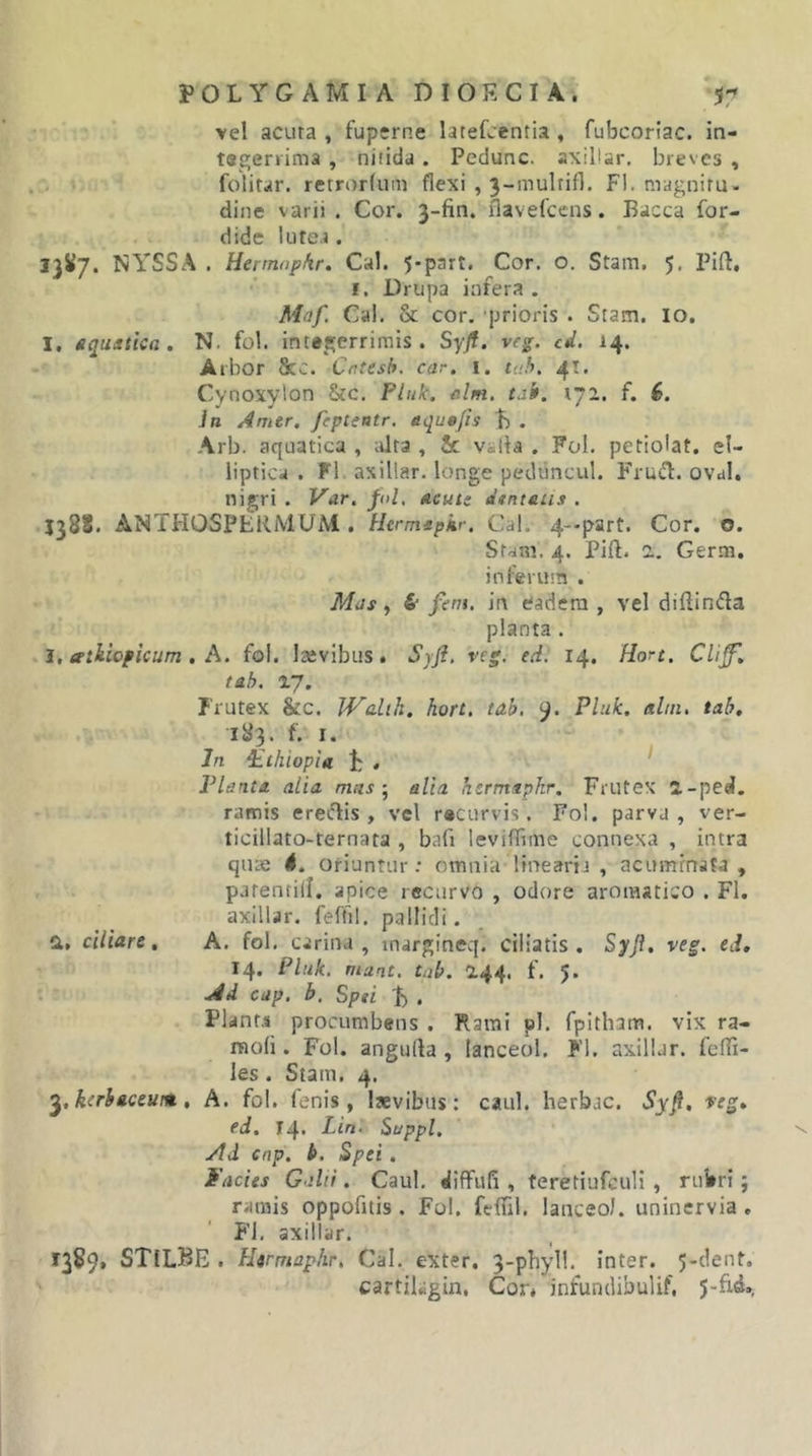 vel acura , fuperne lateLentia, fubcorlac. in- tsgenima , nitida. Pedunc. axillar, breves , > folitar. retrorfuin flexi , 3-mulrifl, FI. magnitu- dine varii. Cor. 3-fin. flavefccns. Bacca for- dide lutea . 13^7. NYSSA . Hertnapkr. Cal. 5-part. Cor. o, Stam, 5. Pifl:, I. Drupa infera . Maf. Cal. &amp; cor. -prioris . Stam. lo. I. gquitica, N. fol. integerrimis. Sy/f. veg. cd. 14. Arbor &amp;C. Cntesh. car. i. tah. 41. Cynoxylon &amp;c. Pluk. sim, tak. \yi. f. 6. In Amer, fepteatr. aque/is B . Arb. aquatica , iilra , &amp; vaiia . Fol. petiolat, el- liptica . Fl. axillar. longe pediincul. Frutl. oval. nigri . Var. fol, ncuu dtntsiis . J38I!. ANTHQSPERMUM . Herrmpkr, Cal. 4—part. Cor. o. Stam. 4. Pift. 1. Germ. inferum . Mas, 5' fem. in eadem , vel diftinda planta . l, aikioficum . A. fol. laevibus. Syfl. veg. ed. 14. Hort. Cliff, tah. 17» Frutex &amp;c. Walih. hort. tab. y. Pluk. alin, tab, 183. f. I. In ^ihiopia B . ^ Planta, alia masalia hermapkr. Frutex 2,-ped. ramis ereftis , vel recurvis. Fol. parva, ver- ticillato-ternata , bafi leviffime connexa , intra qiu« 4. oriuntur: omnia linearia , acuminata , parentill. apice recurvo , odore aroraati-o . Fl. axillar. feffil. pallidi. a. ciliare. A. fol. carina, margineq. ciliatis. Sy/f. veg. ed» 14. Pluk. mant. tab. 244. f. 5. Ad cap. b. Spei B , Plant-s procumbens . Rami pl. fpitham. vix ra- nioli. Fol. anguda, lanceol. Fl. axillar. feffi- les. Stam. 4. ^.kcrhiceum., A. fol. fenis, laevibus; caul. herbae. Syfl, veg» ed. 14. Lin. Suppi. Ad cnp. b. Spei. Facies GAii. Caul, diffufi , teretiufcuH , rubri; ramis oppofuis . Fol. feffil. lanceo/, uninervia , Fl. axillar. 1389» STILBE . Hirmaphr. Cal. exter. 3-phyli. inter. 5-dent. cartilagin. Cor» infundibulif, 5-fid.,