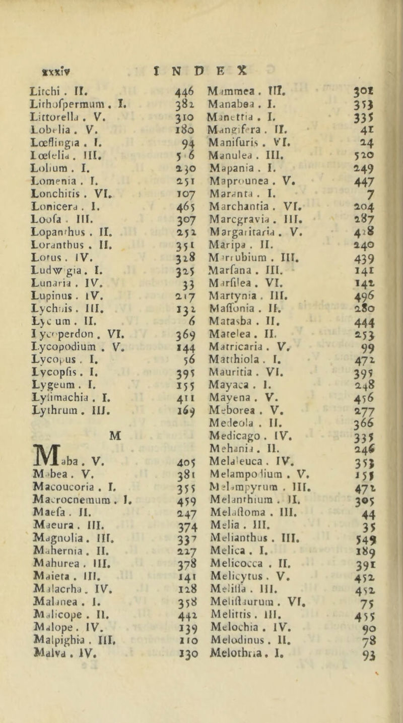 Lirchi . II. 446 Mamtnea. TII, 301 Lirhorperraimi. I. 381 Manabaa . I. 353 Littorelld . V. 310 Manttrid . I. 335 Lobf lia . V. 180 Mangifera . II. 41 Loeflingia . 1, 94 Manifuris . V'I. 14 loelflid. III, 5.6 Manulea . III. 520 L«)liura . I. a jo Mapania . I. 249 Lomenia . I. aji Maprounea . V. 447 Lonchitis . VI, T07 Marantd . I. 7 Lonicerd . 1. 465 Marchantia . VI, 104 Loofa . III. 307 Marcgravid . III. 187 Lopanrhus . II. aji Margaritarid . V. 4^8 Loranthus . II. 35» Maripa . II. 240 Lorus . IV. 318 Mrrrubium . III. 439 Ludwgia. I. 3^5 Marfana . III. 141 Lunaria . IV. 33 Marfilea. VI. 141 Lupinus . iV. 2.17 Martyma . III. 496 Lychuis. IU, 131 MalTonia . II. lio L)c um . II. 6 Marasba . 11. 444 I ycperdon , VI. 369 Marelea. II. ^53 I.ycopodium . V, 144 Marricarid . V, 99 Lycopus , I. 56 Matthiola . I. 47 i Lycopfis. I, 395 Maurifia . VI. 395 Lygeura . I. 155 Mayaca . 1. 248 Lylirnachia . I. 411 Mayena , V. 456 Lythruin , IIJ, 169 Meborea . V. 177 Medeola . II. 366 M Medicago . IV. 335 Tvr Mehdnid. 11. iVlaba. V. 405 Meldieuca . IV, 353 M ‘bea . V. 38. Melarapodium . V, i5&gt; Macoucoria . I, 355 Mal.mpyruna . III, 471' Ma.rocnenaura. I, 459 Meldnrhiura . 11. 305 Maefa . II. 2-47 Meldlloma . III. 44 Maeura . llI, 374 Melia . III. 35 Mdgnulia. III. 33^ Melianthus . III. 549 Mdhernia , II. n-q Melica . I. 189 Mahurea . III, 378 Melicocca , II. 391 Mdieta . III. J41 Melicytus . V, 45X jMilacrha. IV. 118 Melilld . 111. 451 Aialiuea . 1. 35ii Meliftjuruin . VI, 75 Mdlicope . II. 441 Melirtis. lll. 455 Mdlope. IV. 139 Melochia . IV. 90 Malpighia . Ill, 1 IO Melodinus . 11, 78 Malvd . IV. 130 Melothtia, 1. 93