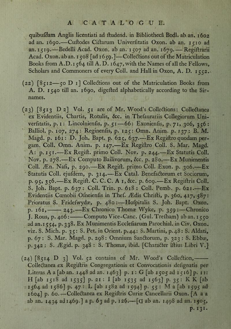 quibufdam Anglis llcentiati ad ftudend. in Bibliotheca Bodl. ab an. 1602 ad an. 1690.—Cuftodes Ciftarum Univerfitatis Oxon. ab an. 1510 ad an. 1519.—Bedelli Acad. Oxon. ab an. 1507 ad an. 1679. — Regiftrarii Acad. Oxon. aban. 1508 [ad 1659.]—Colledtions out of the Matriculation Books from A.D.i 564 till A. D. 1647, with the Names of all the Fellows, Scholars and Commoners of every Coll, and Hall in Oxon, A. D. 1552.- (22) [8512—50 D i] Collections out of the Matriculation Books from A. D. 1540 till an. 1690, digelted alphabetically according to the Sir- names. (23) [8513 D2] Vol. 51 are of Mr. Wood’s Collections: ColleCtanea ex Evidentiis, Chartis, Rotulis, &c. in Thefaurariis Collegiorum Uni- verlitatis, p. i: Lincolnienfis, p. 51—66: Exonienfis, p.yi? 306, 356: Balliol. p. 107, 274: Reginenhs, p. 125: Omn. Anim. p. J37: B. M. Magd. p. i6i: D. Joh. Bapt. p. 625, 637.—Ex Regiflro quodam per- gam. Coll. Omn. Anim. p. 147.—Ex Regiflro Coll. S. Mar. Magd. A: p. 151*—Ex Regift, primo Coll. Nov. p. 244.—Ex Statutis Coll. Nov. p. 278.—Ex Computo Bailivorum, dec. p. 280.—Ex Munimentis Coll. JEn. Nafi, p. 290.—Ex Regifl. primo Coll. Exon. p. 306.—Ex ■ Statutis Coll, ejufdem, p. 314.—Ex Catal. BenefaCtorum et Sociorum, p. 95, 356.—Ex Regift. C. C. C. A I, &c. p. 609.—Ex Regiftris Coll. S. Joh. Bapt. p. 637 : Coll. Trin. p. 618 : Coll. Pemb. p. 621.—Ex Evidentiis Coenobii Ofneienfis in Thef. iEdis Chrifti, p. 360, 417, 587: Prioratus S. Fridefwydas, p. 480:—Hofpitalis S. Joh. Bapt. Oxon. p. 161, 243.—Ex Chronico Thomas Wyke, p. 359 :—Chronico J. Rous, p. 406: Computo Vice-Canc. (Gul.Trefham) aban. 1530 ad an.1554, p. 338. Ex Munimentis Ecclefiarum Parochial, in Civ. Oxon. viz. S. Mich. p. 35: S. Pet. in Orient, p.44: S. Martini, p.48: S. Aldati, p. 67: S. Mar. Magd. p. 298: Omnium SanCtorum, p. 323 : S. Ebbs, . p. 342 : S. iEgid. p. 348 : S. Thomae, ibid. [Character iftius Libri V.J (24) [8514 D 3] Vol. 52 contains of Mr. Wood’s Collection, ColleCtanea .ex Regiftris Congregationis et Convocationis defignatis per Literas A a [ab an. 1448 ad an. 1463] p. i: G [ab 1505 ad 1516] p. 11: H [ab 1518 ad 1535] p. 21 : I [ab 1535 ad 1563] p. 35 ; K K [ab 7 1564 ad 1586] p. 47 = L [ab 1582 ad 1594] p. 55 : M a [ab 1595 ad 1604] p. 60.-—ColleCtanea ex Regiftris Curias Cancellarii Oxon. [A a a ab an. 1434 ad 1469.] a p. 63 ad p. 126.—[a ab an. 1498 ad an. 1505, - - P-