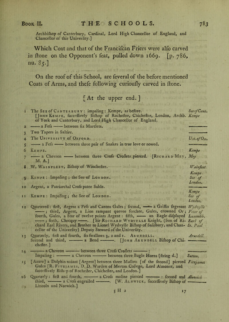 Archbiftiop of Canterbury, Cardinal, Lord High Chancellor of England, and Chancellor of this Univerlity.] Which Coat and that of the Francifcan Friers were alfo carved in flone on the Opponent’s feat, pulled down 1669. [p. 786, nu. 85.] On the roof of this School, are feveral of the before mentioned Coats of Arms, and thefe following curioufly carved in flone. I 2 3 4 5 6 •y / 8 9 10 11 12 »3 H IS 16 [ At the upper end. ] The See of Canterbury : impaling: Kempe, as before. SeeofCant. [JohnKempe, fucceffively Bilhop of Rochefter, Chichefter, London, Archb. Kempe of York and Canterbury, and Lord High Chancellor of England, a Fefs between fix Martlets, „ — Two Tapers in Saltire. ^ ■' - The University of Oxford. Uni.of Ox. a Fefs between three pair of Snakes in true love or nowed. Kempe. a Chevron - between three Crofs Croflets .pierced. M. A.] W. Wainfleet, Bilhop of Winchefter. Kempe: Impaling; the See of London. Argent, a Patriarchal Crofs patee Sable, Kempe: Impaling; the See of Lon don. Kempe [Richard Mey, Mey W2tnjieet Kempe ■ &ee of L')ndon. Kempe See cf London. Quartered : firft. Argent a Fefs and Canton Gules ; fecond, ■ a Griffin fegreant Wyd'uylle ; third, Argent, a Lion rampant quevee forchee. Gules, crowned Or; Peter of fourth, Gule.s, a Star of twelve points Argent: fifth, —— an Eagle difplayed Luxembh. ; lixth, Checquy . [Sir Richard Wydvylle Knight, (Son of Ri- Earl of . chard Earl Rivers, and Brother to Lionel Wydvylle Bilhop of Salilbury, and Chan- St, Paul cellor of the Univerlity) Deputy Steward of the Univerlity. Quarterly, firll and fourth, fixfwallows 3, 2 and i. Arundell. Arundell. Second and third, a Bend . [John Arundell Bilhop of Chi- — ■ chefter.] a Chevron between three Crofs Croflets : Impaling : a Chevron between three Bugle Horns [firing d,] Sutton. [Azure] a Dolphin naiant [Argent] between three Mullets [of the fecond] pierced Fitz.james Gules [R. Fitzjames, D. D. Warden of Merton College, Lord Almoner, and fucceffively Bilhcp of Rocheiler, Chichefter, and London.] Quarterly : firft and fourth, a Crofs moline pierced : fecond and Alnwick third, a Crofs engrailed . [W. Alnwick, fucceffively Bilhop of Lincoln and Norwich.]