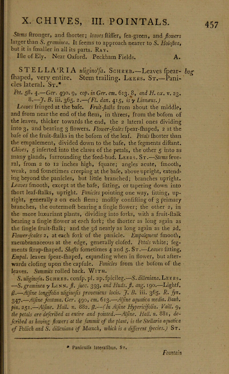 5fm5 ftronger, and fhorter; Zeaues flifFer, fea-green, and fiowers larger than 5. graviinea. It feems to approach nearer to S. Holojlea, but it is fmaller in all its parts. Ray. Me of Ely. Near Oxford. Peckham Fields. A. STELLA'RIA uligino'fa. Schreb,.—Leaves fpear- bog fhaped, veiy entire. Stem trailing. Leers. St.—Pani- cles lateral. St.* Pet. 58. 4.—Cer. 490. g, cop. in Ger. cm. 613. 8, and H. ox. v. 23. 8.—J. B. iii. 365. 2.—(FI. dan. 415, is y Lhinaus.J Leaves fringed at the bafe. Fruit-Jlalks from about the middle, and from near the end of the ftem, in threes, from the bofom of the leaves, thicker towards the end, the 2 lateral ones dividing into 3, and bearing 3 flowers. Flower-fcales^pezr-{h^pedf 2 at the bafe of the fruit-ftalks in the bofom of the leaf. Petals fhorter than the empalement, divided down to the bafe, the fegments diftant. Chives, 5 inferted into the claws of the petals, the other 5 iiito as many glands, furrounding the feed-bud. Leers. St.—Stemsieve- ral, from 2 to 12 inches high, fquare; angles acute, fmooth, weak, and fometimes creeping at the bafe, above upright, extend- ing beyond the panicles, but little branched; branches upright. Leaves fmooth, except at the balfe, fitting, or tapering down into fhort leaf-ftalks, upright. Panicles pointing one way, fitting, up- right, generally 2 on each flem; moftly confifting of 3 primary branches, the outermoft bearing a fingle flower; the other 2, in the more luxuriant plants, dividing into forks, with a fruit-ftalk bearing a fingle flower at each fork; the fhorter as long again as the fingle fruit-ftalk; and the 3d nearly as long again as the 2d. Flower-Jcales 2, at each fork of the panicle. Empalement fmooth, membranaceous at the edge, generally clofed. Petals white; feg- ments ftrap-fhaped. Shajb fometimes 4 and 5. St.^—Leaves fitting. Empal. leaves fpear-fhaped, expanding when in flower, but after- wards clofing upon the capfule. Panicles from the bofom of the leaves. 5’ammtl5 rolled back. With. S.uliginofa. Schreb. confp.pl. ap.fpicileg.—S.dilleniana.LEe.Rs. —S.graminea y Linn. f. Juec. 393, and Huds.Jt. ang. 19a.—Lightf. $.—Alfine longifotia uliginofts proveniens locis. jf. B. iii. 365. R. Jyn. 347.—Alfine fontana. Ger. 490, em. 613.—Alfine aquatica media. Bauh. pin. 251.—Alfine. Hall. n. 882. —(In Alfine Hypericifolia. Vaill. g, the petals are defcribed as entire and pointed.—Alfine. Hall. n. 881, de- Jcribed as having flowers at the fummit of the plant, is the Stellaria aquatica of Pollich and S. dilleniana of Munch, which is a different fpecies.J St. * Paniculis lateralibu?. St. Fountain