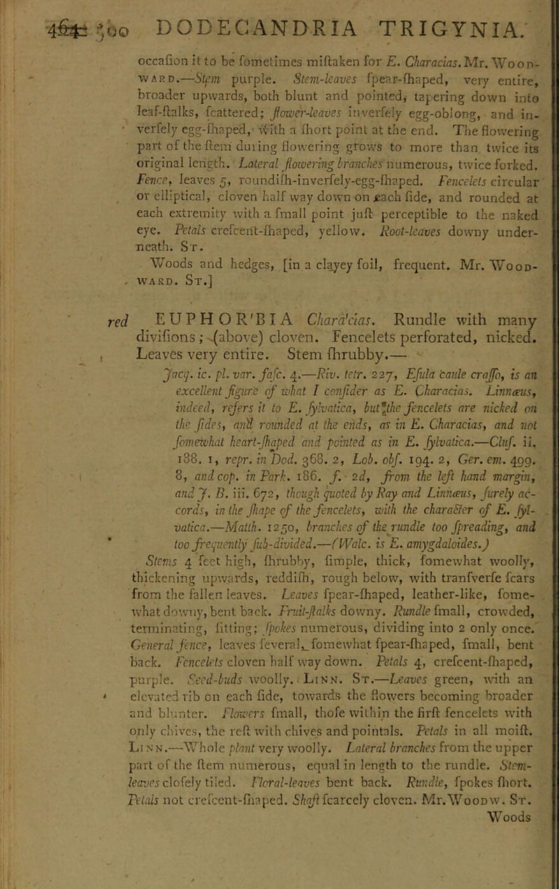 occafion it to be fometimes miftaken for E. Characias. Mr. Wo oji- ward.—Slfin purple. Stem-leaves fpear-fhaped, very entire, broader upwards, both blunt and pointed, tapering down into leaf-ftalks, fcattered; flower-leaves inverfely egg-oblong, and in- • verfely egg-fhaped, With a fhort point at the end. The flowering part of the ftem dui ing flowering grows to more than twice its original length. Lateral flowering branches numerous, twice forked. Fence, leaves 5, roundifh-inverfely-egg-lhaped. Fencelets circular or elliptical, cloven half way down on jeach fide, and rounded at each extremity with a fmall point juft perceptible to the naked eye. Petals crefcent-fhaped, yellow. Root-leaves downy under- neath. St. Woods and hedges, [in a clayey foil, frequent. Mr. Wood- . ward. St.] red EUPHOR'BIA Chard'cias. Rundle with many diviftons; .(above) cloven. Fencelets perforated, nicked. Leaves very entire. Stem {hrubby.— Jacq. ic. pi. var. fafe. 4.—Riv. tetr. 227, Efula caule craJJb, is an excellent figure of what I confider as E. Characias. Linnaeus, indeed, refers it to E. fylvatica, but^tke fencelets are nicked on the fides, and rounded at the ends, as in E. Characias, and not fomezi’hat heart-Jhaped and pointed as in E. fylvatica.—Cluj. ii. 1S8. 1, repr. in Dod. 368. 2, Lob. obf. 194. 2, Ger. em. 490. 8, and cop. in Park. 186. f. 2d, from the left hand margin, andj. B. iii. 672, though quoted by Ray and Linnteus, Jurely ac- cords, in the Jhape of the fencelets, with the character of E. fyl- vatica.—Matth. 1250, branches of the rundle too fpreading, and too frequently fub-dividtd.—(Wale, is E. amygdaloides.J Stems 4 feet high, {hrubby, Ample, thick, fomewhat woolly, thickening upwards, reddilh, rough below, with tranfverfe fears from the fallen leaves. Leaves fpear-fhaped, leather-like, fome- what downy, bent back. Fruit-fialks downy. Rundle fmall, crowded, terminating, fitting; /pokes numerous, dividing into 2 only once. General fence, leaves feveral^ fomewhat fpear-fhaped, fmall, bent back. Fencelets cloven half way down. Petals 4, crefcent-fhaped, piurple. Seed-buds woolly. Linn. St.—Leaves green, with an elevated rib on each fide, towards the flowers becoming broader and blunter. Flowers fmall, thofe within the firft fencelets with only chives, the reft with chives and pointnls. Petals in all moift. Li n n.—Whole plant very woolly. Lateral branches from the upper part of the ftem numerous, equal in length to the rundle. Stem- learjcs clofefy tiled. Floral-leaves bent back. Rundle, fpokes fliort. Petals not crefccnt-fliaped. Shaftfcarcely cloven. Mr.WooDW. St. Woods