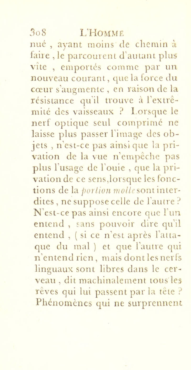 mié , avant moins de clicmin à faire , le parcourent d’au tant plus vite , emportes comme par un nouveau courant, cjue la force du cœur s’augmente , en raison de la résistance qu il trouve à l’extré- mité des vaisseatix ? Lorsque le nerl optique seul comprime ne laisse plus passer l’image des ob- jets , n’est-cc pas ainsique la pri- vation de la vue n’empêche pas pltis l’usage de Fouie , que la pri- vation de ce sens,lorsque les fonc- tions de la porliun ?tiüllesom inter- dites , ne suppose celle de l’atitre ? N’est-ce pas ainsi encore que Fun entend , sans pouvoir dire qu’il entend , ( si ce n’est après l’atta- que du mal ) et que l’autre qui n’entend rien , mais dont les nerfs linguaux sont libres dans le cer- veau , dit machinalement tous les rêves qui lui passent par ht tête ? Phénomènes qui ne surprennent