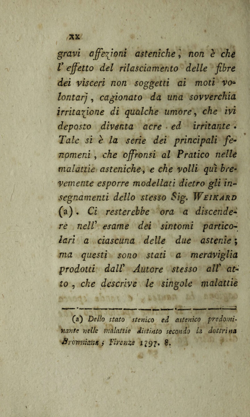 gravi affezioni asteniche 1 non è che V effetto del rilasciamento delle fibre dei visceri non soggetti ai moti vo» lontarj, cagionato da una sovverchia irritandone di qualche umore ^ che ivi deposto diventa acre • ed irritante . Tale si è la serie dei principali fe- nomeni, che offronsi al Pratico nelle malattie asteniche'^ e che volli qui bre- vemente esporre modellati dietro gli in- segnamenti dello stesso Sig. Weikard (a). Ci resterebbe ora a discende- rò iielV esame dei sintomi partico- lari a ciascuna delle due astenie \ ma questi sono stati a meraviglia prodotti dall' Autore stesso all' at- to , che descrive le singole malattie (a) Dello stato stenico ed astenico predomi- nante nelle màlattie distìnto secondo Li dottrina Brormiam fi Firenze 1297* 8*