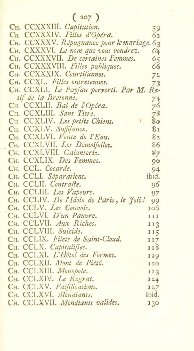 ( -°7 ) Ch. CCXXXIII. Capitation. 59 Ch. CCXXXIV. Filles (TOpéra. 62 Ch. CCXXX V. Répugnance pour le mariage. 63 Ch. CXXXVI. Le nom que vous voudrez. 6\ Ch. CCXXXVII. De certaines Femmes. 65 Ch. CCXXXVIIl. Filles publiques. 66 Ch. CCXXXIX. Courtifannes. 72. Ch. CCXL. Filles entretenues. 73 Ch. CCXLÎ. Le Payfan perverti. Far M. Ré- tif de la Bretonne. 74 Ch. CCXLII. Bal de FOpéra. 76 Ch. CCXLIII. Sans Titre. 78 Ch. CCXLIV. Les petits Chiens. ' S® Ch. CCXLV. Suffifance. 81 Ch. CCXLVI. Vente de l'Eau. 82 Ch. CCXLVU. Les Demoifelles. 86 Ch. CCXLVIII. Galanterie. 87 Ch. CCXLIX. Des Femmes. 90 Ch. CCL. Cocarde. 94 Ch. CCLI. Séparations. ibid. Ch. CCLII. Contrafie. 96 Ch. CCLIII. Les Vapeurs. 97 Ch. CCLIV. De l'Idole de Paris, le Joli! 99 Ch. CCLV. JLes Convois. 106 Ch. CCLVÏ. D'un Pauvre. 111 Ch. CCLVII. Aux Riches. 113 Ch. CCLVIII. Suicide. 115 Ch. CCLIX. Filets de Saint-Cloud. 117 Ch. CCLX. Capitalises. 118 Ch. CCLXl. L'Hôtel des Fermes. 119 Ch. CCLXII. Mont de Piété. 120 Ch. CCLXIII. Monopole. 123 Ch. CCLXIV. Le Regrat. 124 Ch. CCLXV. Falfifications. 117 Ch. CCLXVI. Mendiants. ibid. Ch. CCLXVII. Mendiants valides. 130