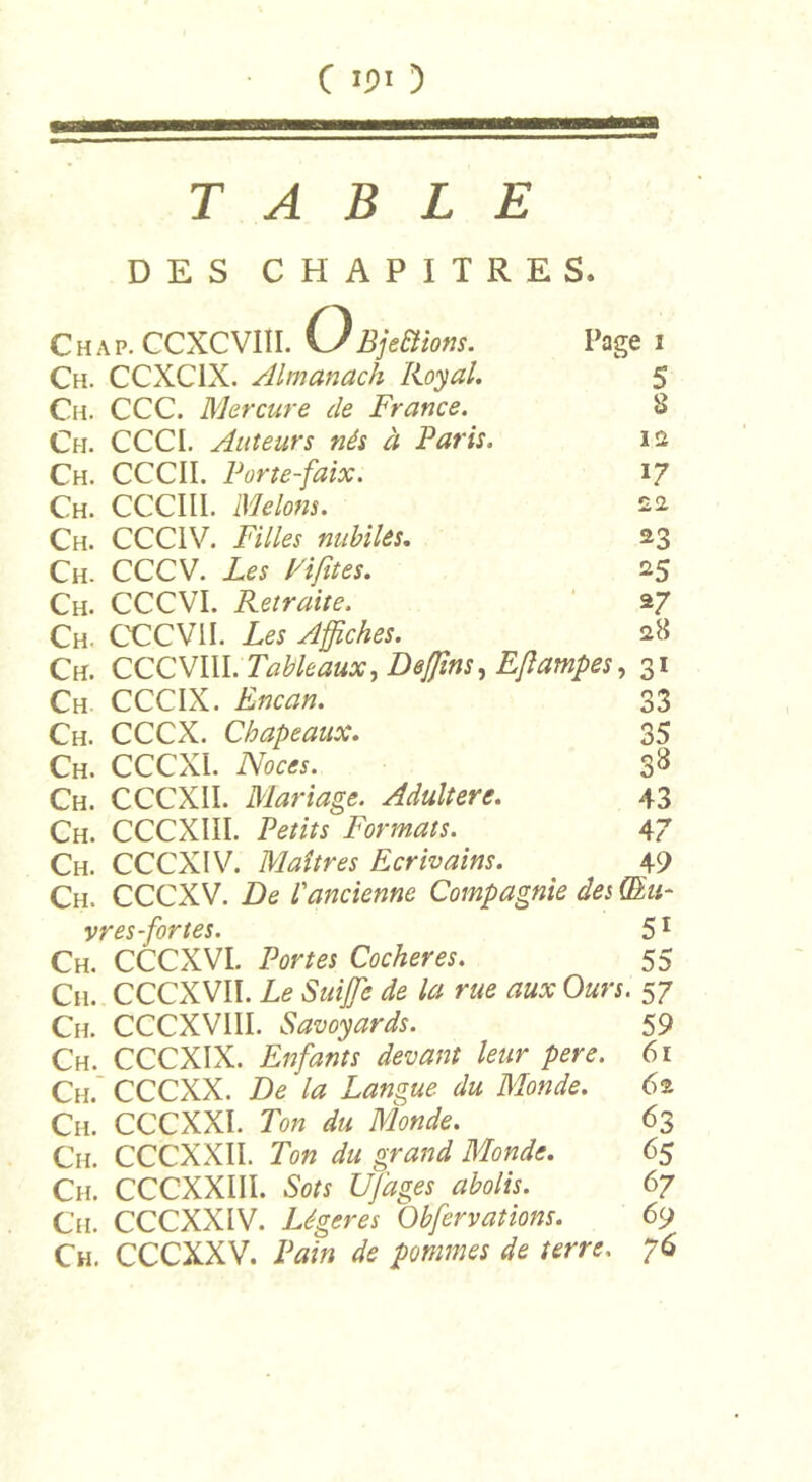 TABLE DES CHAPITRES. Ch Ch Ch ap. CCXCVIII. O Bjettions. Ch. CCXC1X. Almanach Royal. Ch. CCC. Mercure de France. Ch. CCCI. Auteurs nés à Paris. Ch. CCCII. Porte-faix. Ch. CCCIII. Melons. Ch. CCC1V. Filles nubiles. CCCV. Les Fifites. CCCVI. Retraite. Ch- CCCVII. Les Affiches. Ch. CCCVIII. Tableaux, Deffins, Eflampes, Ch CCCIX. Encan. Ch. CCCX. Chapeaux. Ch. CCCXÏ. Noces. Ch. CCCXII. Mariage. Adultéré. Ch. CCCXIII. Petits Formats. Ch. CCCXIV. Maîtres Ecrivains. Ch. CCCXV. De l'ancienne Compagnie des (Fu- vres-fortes. 51 Ch. CCCX VI. Portes Cocher es. 55 Cii. CCCXVII. Le Suiffie de la rue aux Ours. 57 Ch. CCCXVIII. Savoyards. 59 Ch. CCCXIX. Enfants devant leur pere. 61 Ch. CCCXX. De la Langue du Monde. Ch. CCCXXÏ. Ton du Monde. Ch. CCCXXII. Ton du grand Monde. Ch. CCCXXIII. Sots UJdges abolis. Ch. CCCXX IV. Légères Obfervations. Ch. CCCXXV. Pain de pommes de terre Page 1 5 8 12 17 22 23 *5 27 28 S» 33 35 3» 43 47 49 62 63 65 67 69 76