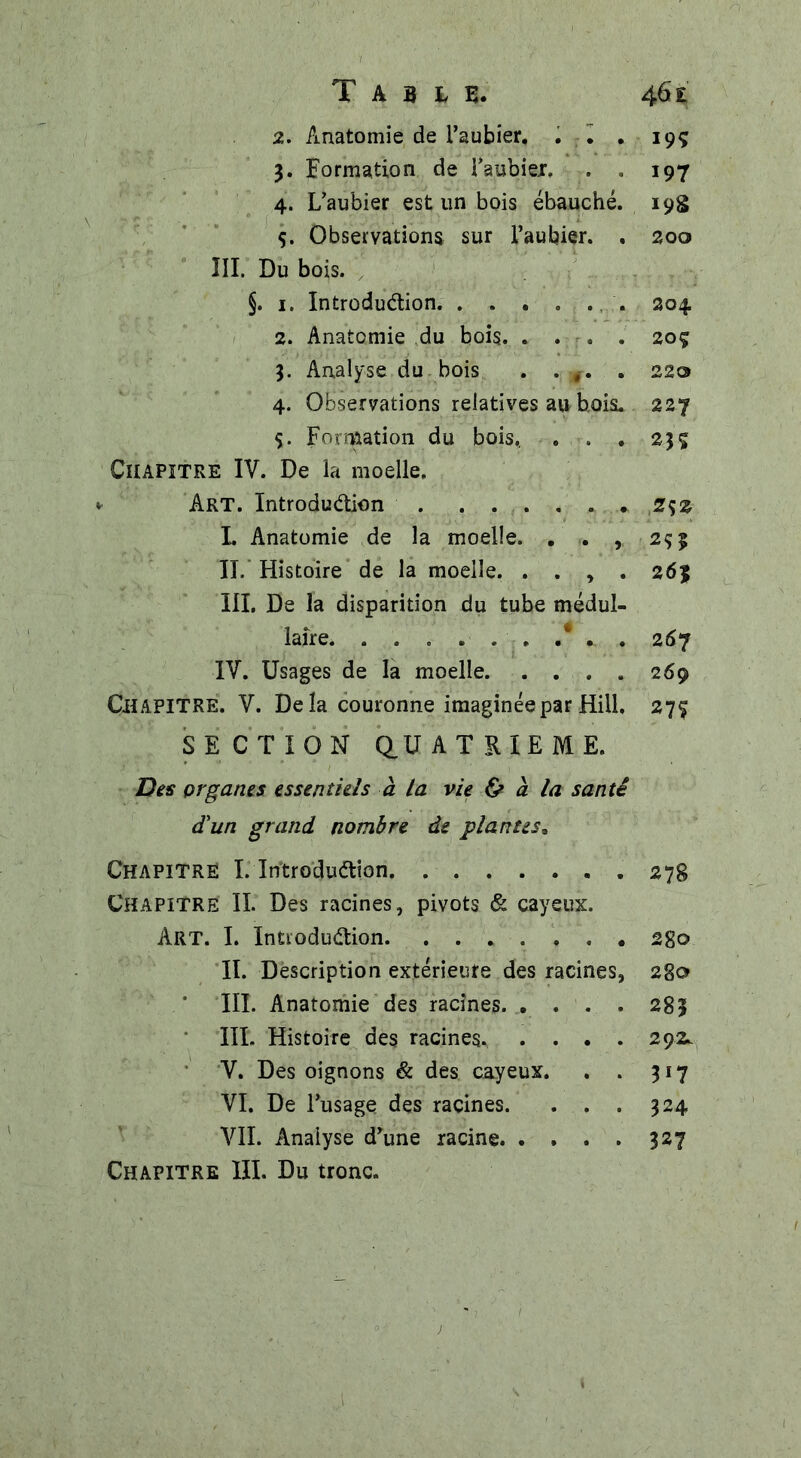 III. T A B U. 46t 2. Anatomie de l’aubier. . . . 19Ç 3. Formation de l’aubiex. . . 197 5. Observations sur l’aubier. . 200 Du bois. . 1. Introduction. . . . . . . 204. . r. . 2oç 220 227 235 Z<)Z 2Ç5 26% 26y 269 27? 2. Anatomie du bois. . . . . 3. Analyse du bois 4. Observations relatives au bois. Formation du bois, . . . Chapitre IV. De la moelle. Art. Introduction . ...... * I. Anatomie de la moelle. . . , IL Histoire de la moelle. . . , . III. De la disparition du tube médul- laire . . , . IV. Usages de la moelle CHAPITRE. V. Delà couronne imaginée par Hiil. SECTION QUATRIEME. Des organes essentiels à la vie ù a la santé d'un grand nombre de plantes* Chapitre I. Introduction. 278 Chapitre IL Des racines, pivots & cayeux. Art. I. Introduction. ....... IL Description extérieure des racines, III. Anatomie des racines... . . . III. Histoire des racines. .... V. Des oignons & des cayeux. . . VI. De l’usage des racines. . . . VIL Analyse d’une racine. . . . . Chapitre III. Du tronc. 280 280 285 292. 3*7 324 327 j