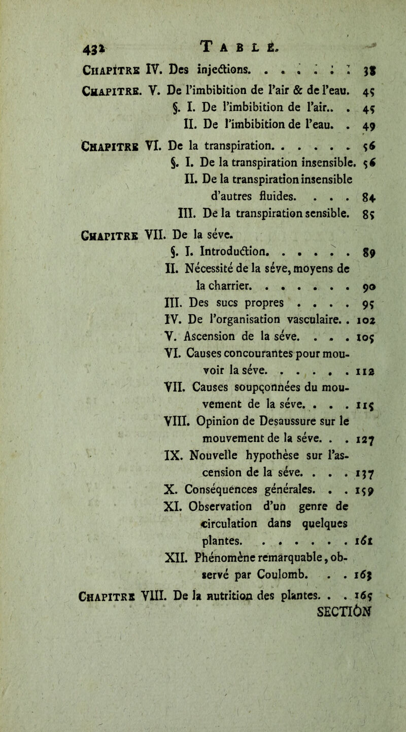 43* Tablé. Chapitre IV. Des injections. . » • . ; Z 3$ Chapitre. V. De l’imbibition de Pair &amp; de Peau. 4; §. I. De Pimbibition de Pair.. . 49 II. De Pimbibition de Peau. . 49 CHAPITRE VI. De la transpiration §. I. De la transpiration insensible. $$ II. De la transpiration insensible d’autres fluides. ... 84 III. De la transpiration sensible. 8ç Ghapitre VII. De la sève. §. I. Introduction .89 II. Nécessité de la sève, moyens de la charrier 90 III. Des sucs propres . . . . çç IV. De l’organisation vasculaire. . ioz V. Ascension de la sève. . . . ioç VI. Causes concourantes pour mou- voir la sève .112 VII. Causes soupçonnées du mou- vement de la sève. . . .115 VIII. Opinion de Desaussure sur le mouvement de la sève. . . 127 IX. Nouvelle hypothèse sur l’as- cension de la sève. . . .157 X. Conséquences générales. . . IÇ9 XI. Observation d’un genre de circulation dans quelques plantes i6t XII. Phénomène remarquable, ob- servé par Coulomb. . . 16$ Chapitre VIII. De la nutrition des plantes. . . SECTIÔN