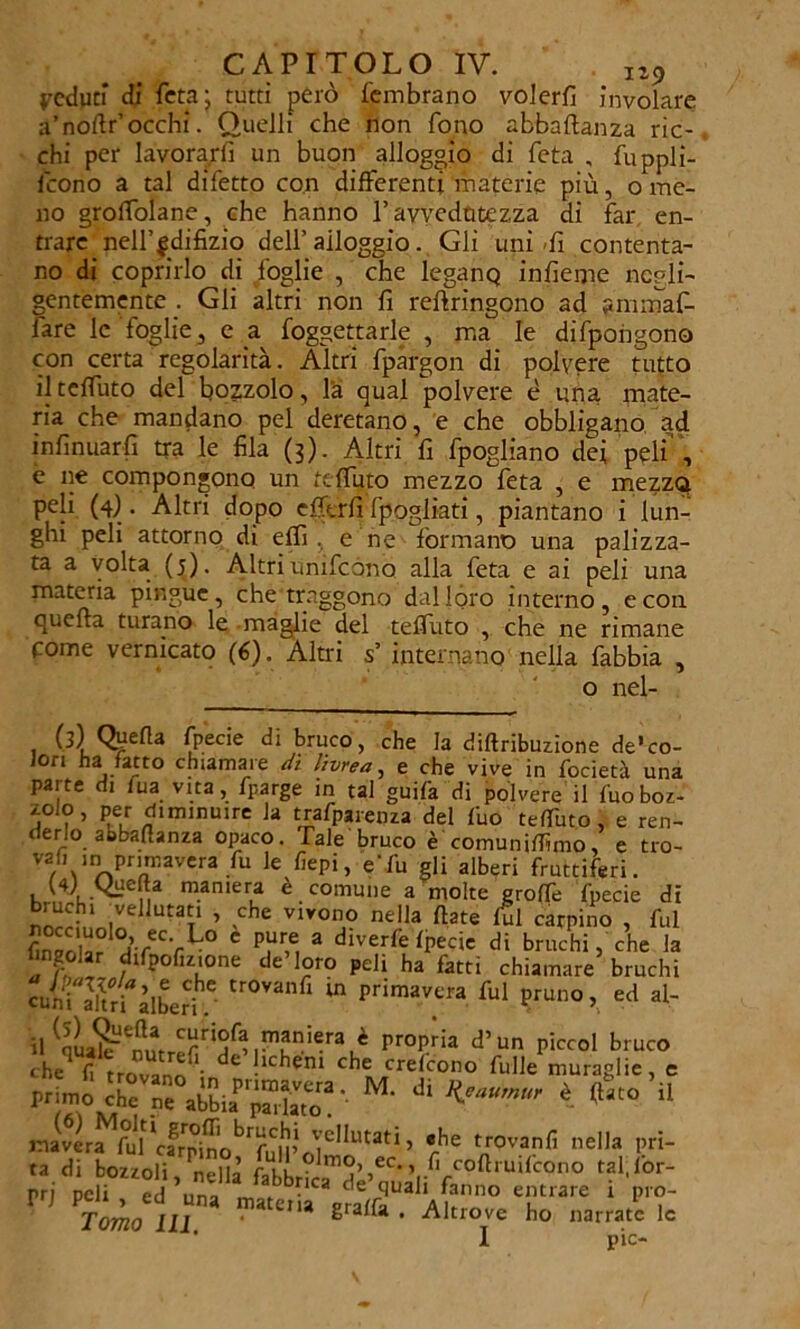 ceduti* di feta; tutti però fembrano volerli involare a’noftr’occhi. Quelli che non fono abbaftanza ric- chi per lavorarli un buon alloggio di feta , fuppli- lcono a tal difetto con differenti materie più, o me- no groffolane, che hanno l’avvedutezza di far en- trare nell’fdifizio dell’ alloggio . Gli uni-fi contenta- no di coprirlo di foglie , che leganQ infìeme negli- gentemente . Gli altri non fi reftringono ad ammaf- fare le foglie, e a foggettarle , ma le difpoirgono con certa regolarità. Altri fpàrgon di polvere tutto il teffuto del bozzolo, la qual polvere é una mate- ria che mandano pel deretano, e che obbligano ad infinuarfi tra le fila (3). Altri fi fpogliano dei peli , è ne compongono un teffuto mezzo feta , e mezzo peli (4). Altri dopo efitrfi Ipoglia ti, piantano i lun- ghi peli attorno di effi , e ne formano una palizza- ta a volta (j). Altri unifeòno alla feta e ai peli una materia pingue, che traggono dal lóro interno, e con quella turano le maglie del teffuto , che ne rimane come vernicato (6). Altri s’ internano nella fabbia , o nel- (3)I Quella fpecie di bruco, che la diftribuzione de’co- Jon ha fatto chiamare dì livrea, e che vive in focietà una parte di fua vita, fparge in tal guifa di polvere il fuoboz- zolo, per diminuire Ja trafparenza del fiio te/Tuto , e ren- derlo abbaftanza opaco. Tale bruco è comuniSmo, e tro- vaf. in primavera fu le fiepi, e Tu gli alberi fruttiferi. (4l Quefia maniera è comune a molte grofTe fpecie di bruchi ^vellutati , che vivono nella fiate fùl carpino , fui finPrT ^VeCVLO C 2 diverfe fpecie di bruchi, che la j n t P°flz'one de ^ Peb ha fatti chiamare bruchi bum altri*alberi/ * * primavtra ful P™™r ed al- c-iofa maniera è propria d’un piccol bruco heq n trovannfi- de hcheni che crefcono Tulle muraglie, e mavera fui noduli’ TeIlutat 1 > *he trovanfi nella irri- ta di bozzoli n..nò r uù ^ rnt?’,ec* ’ fi coftruifcono tal,l'or- n p“°:‘S'z1 h,—1 Tomo III. )ve ho narrate le pie-