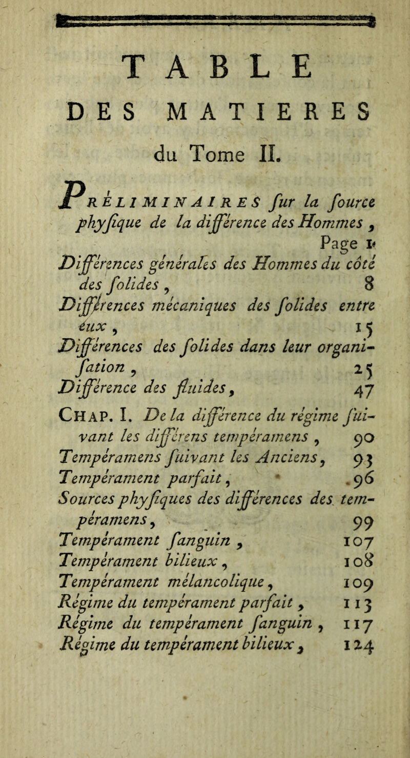 TABLE DES MATIERES du Tome II. P R È LIMINAIRES fur la fource phyjîque de la différence des Hommes 3 Page i* Différences générâtes des Hommes du côté des folides 7 8 Différences mécaniques des folides entre lux , i 5 Différences des folides dans leur organi- fation 9 25 Différence des fluides, 47 Ch AP. I. Delà différence du régime fui- vaut les différens tetvpéramens 7 90 Tempéramens fuivant les Anciens, 93 Tempérament parfait, 96 Sources phyfîques des différences des tem- péramens , 99 Tempérament fanguin 3 107 Tempérament bilieux, 108 Tempérament mélancolique 7 109 Régime du tempérament parfait 9 113 Régime du tempérament fanguin 7 117 Régime du tempérament bilieux 3 1x4