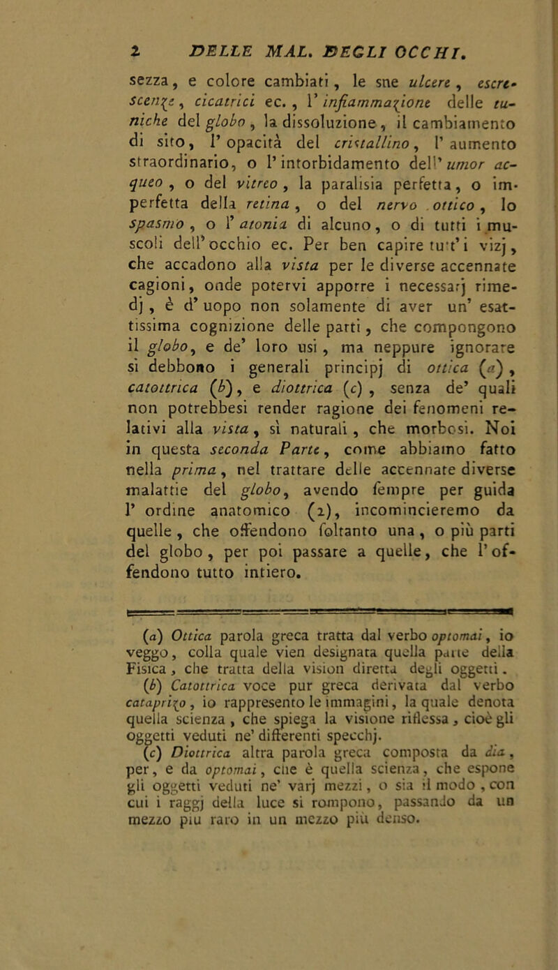 sezza, e colore cambiati, le sne ulcere , escre- scenze , cicatrici ec. , V infiammazione delle ru- m'eta del globo , la dissoluzione , il cambiamento di sito, l’opacità del cristallino, l’aumento straordinario, o l’intorbidamento del1’moto/- <zc- queo , o del vtrrco , la paralisia perfetta, o im* perfetta della retina, o del nervo ottico, lo spasmo , o 1’ atonia, di alcuno, o di tutti i mu- scoli dell’occhio ec. Per ben capire tu’t’i vizj, che accadono alla vista per le diverse accennate cagioni, onde potervi apporre i necessarj rime- di , è d’ uopo non solamente di aver un’ esat- tissima cognizione delle parti, che compongono il globo, e de’ loro usi, ma neppure ignorare si debbono i generali principi di ottica (#) , catottrica (b), e diottrica (c) , senza de’ quali non potrebbesi render ragione dei fenomeni re- lativi alla vista , sì naturali, che morbosi. Noi in questa seconda Parte, come abbiamo fatto nella prima, nel trattare delle accennate diverse malattie del globo, avendo Tempre per guida 1’ ordine anatomico (i), incomincieremo da quelle , che offendono foltanto una , o più parti del globo, per poi passare a quelle, che l’of- fendono tutto intiero. (a) Ottica parola greca tratta dal verbo optomai, io veggo, colla quale vien designata quella parte della Fisica, che tratta della vision diretta degli oggetti. (ib) Catottrica voce pur greca derivata dal verbo cataprico , io rappresento le immagini, la quale denota quella scienza , che spiega la visione riflessa, cioè gli oggetti veduti ne’ differenti specchj. (c) Diottrica altra parola greca composta da dia, per, e da optomai, cne è quella scienza, che espone gli oggetti veduti ne’ varj mezzi, o sia il modo , con cui i raggj della luce si rompono, passando da un mezzo piu raro in un mezzo più denso.