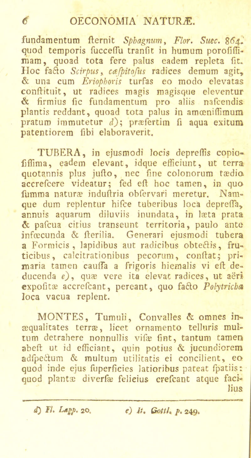 fundamentum flernit Sphagmm^ Flor. Suec. 8&lt;^4. quod temporis fuccefru tranfit in humum porofifTi- mam, quoad tota fere palus eadem repleta fit. Hoc fa6io Scirpus y cafpitofus radices demum agit, &amp; una cum Eriophoris turfas eo modo elevatas conflituit, ut radices magis magisque eleventur &amp; firmius fic fundamentum pro aliis nafcendis plantis reddant, quoad tota palus in amoenifiimum pratum immutetur d); pr^efertim fi aqua exitum patentiorem fibi elaboraverit. TUBERA, in ejusmodi locis depreffis copio- fiflima, eadem elevant, idque efficiunt, ut terra quotannis plus jufto, nec fine colonorum tasdia accrefeere videatur; fed efl hoc tamen, in quo fumma naturae induftria obfervari meretur. Nam- que dum replentur hifce tuberibus loca deprelTa, annuis aquarum diluviis inundata, in laeta prata &amp; pafcua citius transeunt territoria, paulo ante infoccunda &amp; fierilia. Generari ejusmodi tubera a Formicis, lapidibus aut radicibus obteftis, fru- ticibus, calcitrationibus pecorum, confiat; pri- maria tamen caulTa a frigoris hiemalis vi efi de- ducenda e)y quas vere ita elevat radices, ut aeri expofitee accrefeant, pereant, quo fa6lo Polytricha loca vacua replent. MONTES, Tumuli, Convalles &amp;; omnes in- asqualitates terrcB, licet ornamento telluris mul- tum detrahere nonnullis vife fint, tantum tamen abefi ut id efficiant, quin potius &amp; jucundiorem adfpedum &amp; multum utilitatis ei concilient, eo quod inde ejus fuperficies latioribus pateat fpatiis: quod plantas diverfas felicius crefeant atque faci- d) FI. Lagp. 20. e) It. Qottk /&gt;. 249.