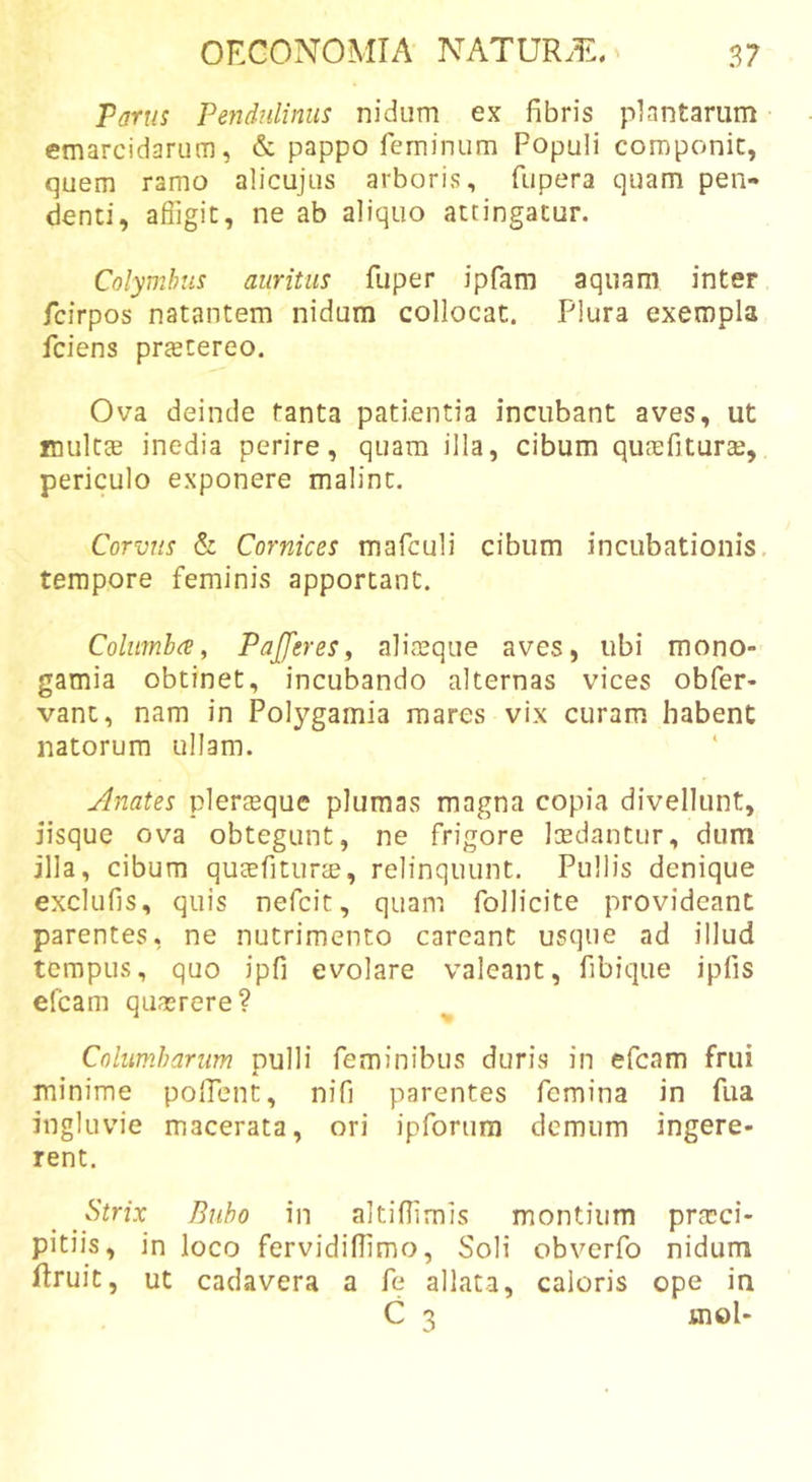 Parus Pendnlinus nidum ex fibris plantarum emarcidariim, &amp; pappo feminum Populi componit, quem ramo alicujus arboris, fupera quam pen- denti, afiigit, ne ab aliquo attingatur. Colymbus auritus fuper ipfam aquam inter fcirpos natantem nidum collocat. Plura exempla fciens praetereo. Ova deinde tanta patientia incubant aves, ut imiltae inedia perire, quam illa, cibum quaefiturae, periculo exponere malint. Corvus &amp; Cornices mafculi cibum incubationis, tempore feminis apportant. Columhce ^ Pajferes^ aliaeque aves, ubi mono- gamia obtinet, incubando alternas vices obfer- vant, nam in Polygamia mares vix curam habent natorum ullam. Anates pleraque plumas magna copia divellunt, jisque ova obtegunt, ne frigore Itedantur, dum illa, cibum quaefiturte, relinquunt. Pullis denique exclufis, quis nefcit, quam follicite provideant parentes, ne nutrimento careant usque ad illud tempus, quo ipfi evolare valeant, fibique ipfis efcam quasrere? Columbarum pulli feminibus duris in efcam frui minime polfent, nifi parentes femina in fua ingluvie macerata, ori ipforura demum ingere- rent. Strix Bubo in altiflimis montium prrcci- pitiis, in loco fervidifiimo, Soli obverfo nidum flruit, ut cadavera a fe allata, caloris ope in C 3 mol-