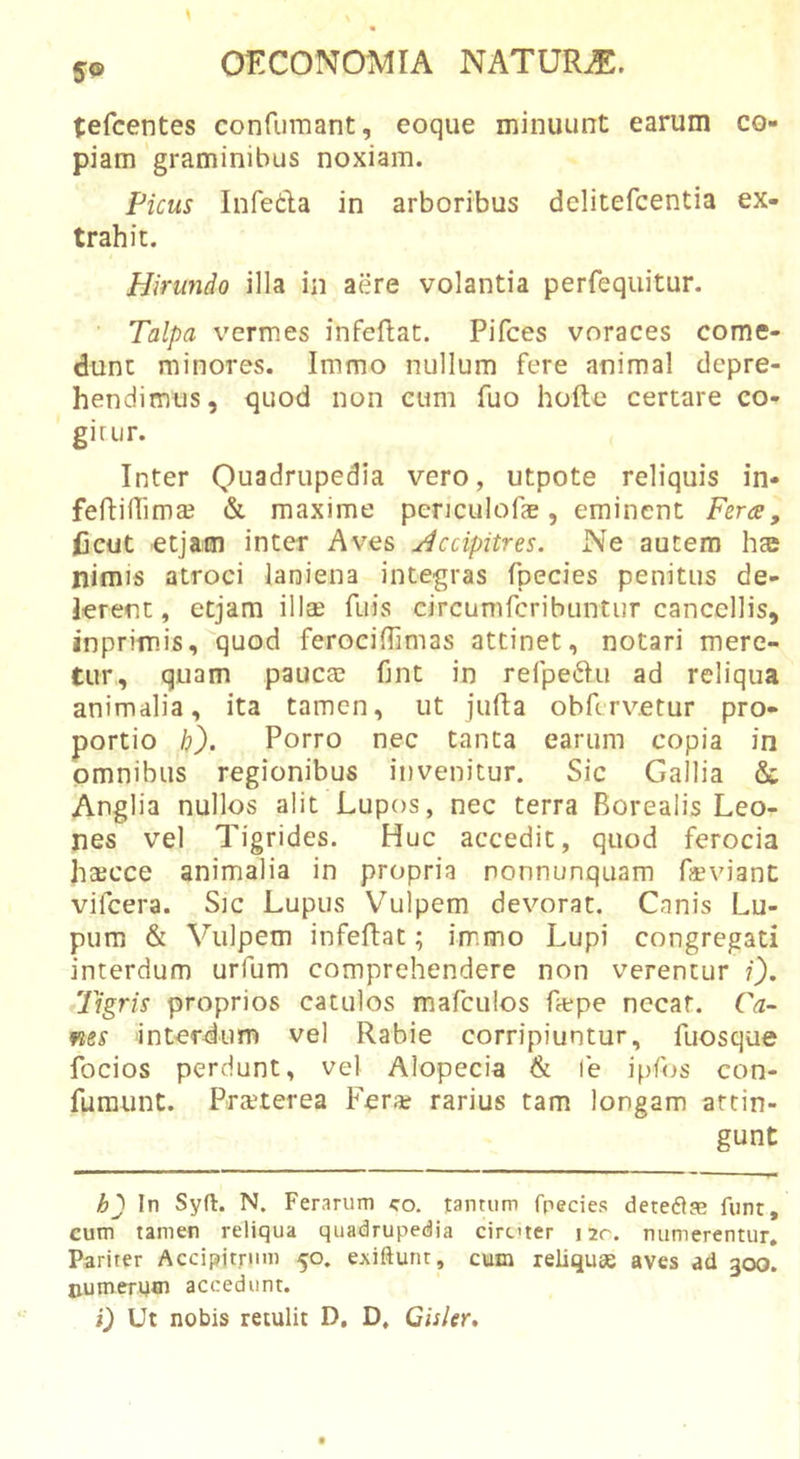 59 tefcentes confumant, eoque minuunt earum co- piam graminibus noxiam. Ficus Infetla in arboribus delitefcentia ex- trahit. Hirundo illa in aere volantia perfequitur. • Talpa vermes infeftat. Pifces voraces come- dunt minores. Immo nullum fere animal depre- hendimus, quod non cum fuo holle certare co- gitur. Inter Quadrupedia vero, utpote reliquis in- feRiffima? &amp; maxime penculofae, eminent Feres, ficut etjati) inter Aves Accipitres. Ne autem hte nimis atroci laniena integras fpecies penitus de- jerent, etjam illae fuis circumfcribuntiir cancellis, inprimis, quod ferociflimas attinet, notari mere- tur, quam paucae fint in refpeftu ad reliqua animalia, ita tamen, ut jufta obfervetur pro- portio b). Porro nec tanta earum copia in omnibus regionibus invenitur. Sic Gallia &amp; Anglia nullos alit Lupos, nec terra Borealis Leo- nes vel Tigrides. Huc accedit, quod ferocia haecce animalia in propria nonnunquam fcviant vifcera. Sic Lupus Vulpem devorat. Canis Lu- pum &amp; Vulpem infeftat; immo Lupi congregati interdum urfum comprehendere non verentur i). Tigris proprios catulos mafculos ftepe necat. Ca- nes 'interdum vel Rabie corripiuntur, fuosque focios perdunt, vel Alopecia &amp; le ipfos con- furaunt. Prteterea Fera? rarius tam longam attin- gunt b) In Syft. N. Ferarum co. tantum fpecies detedlfe funt, cum tamen reliqua quadrupedia circuer 12r. numerentur. Pariter Accipitrum 50. exiftunt, cum reliquae aves ad 300. numerum accedunt. i) Ut nobis retulit D, D. Cisler,