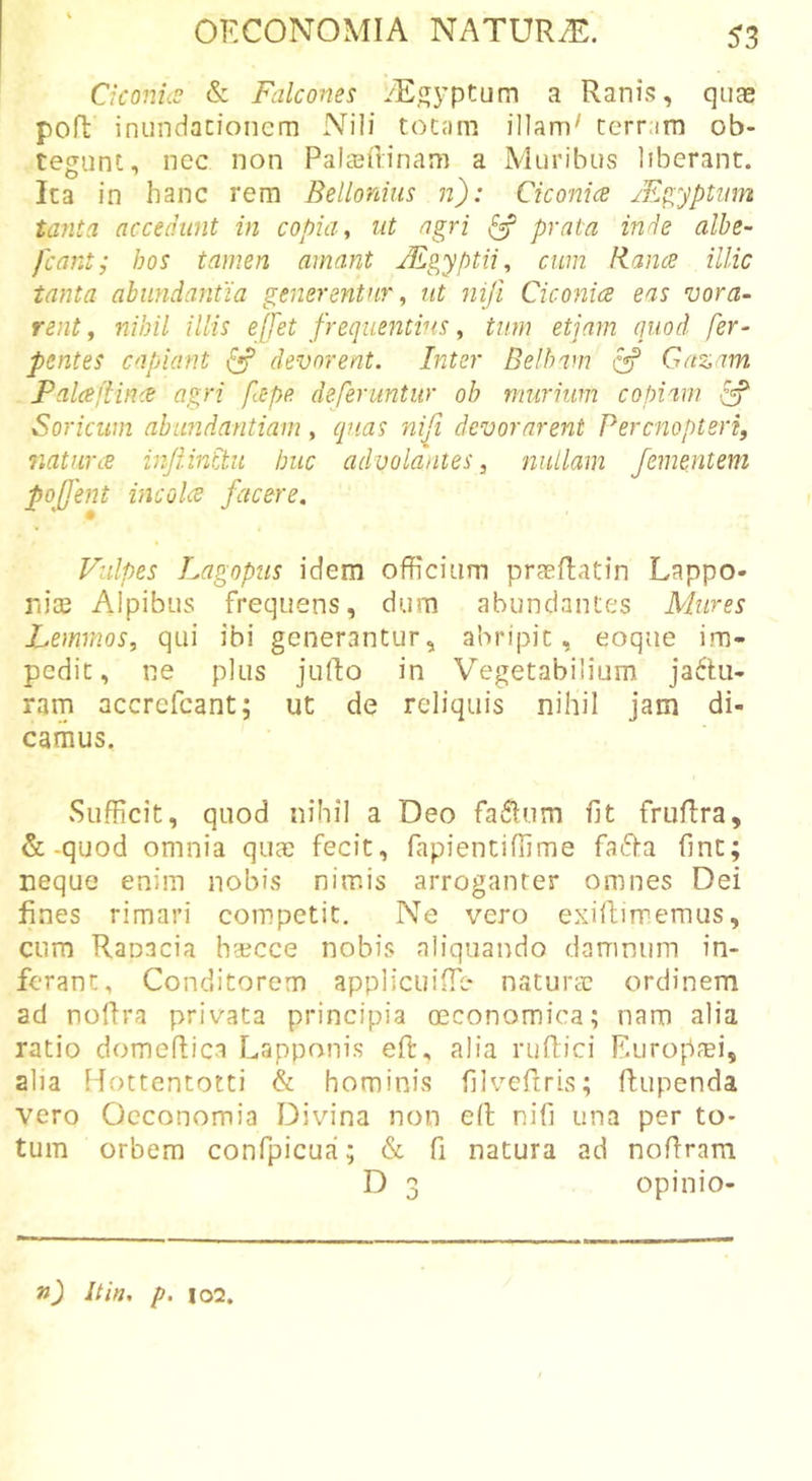 Ciconus &amp; Falcones .'•E&lt;?yptum a Ranis, quae pofl inundacionem Nili tocam illam^ cerr.im ob- tegunt, ncc non PalcGuinam a Muribus liberant. Ita in hanc rem Belloniiis n): Ciconia /Egyptmn tanta accedunt in copia, ut agri ^ prata inde albe- fcantj hos tamen amant JEgyptii, cum Bance illic tanta abundantia generentur, ut niji Ciconia eas vora- rent , nihil illis effet frequentius, tum etjam quod fer- pentes capiant ^ devorent. Inter Belbam ^ Gaz im Palaftince agri fepe deferuntur ob murium copiam Soricum abundantiam, quas nifi devorarent Percnopteri, naturce inflinctu huc advolantes, nullam /ementem pojfent incolce facere. Vulpes Lagopus idem officium praeffiatin Lappo- niae Alpibus frequens, dum abundantes Mures Lemnios, qui ibi generantur, abripit, eoque im- pedit, ne plus jufto in Vegetabilium jactu- ram accrcfcant; ut de reliquis nihil jam di- camus. Sufficit, quod nihil a Deo faCtum fit fruflra, &amp;-quod omnia qum fecit, fapientiffime faCta fint; neque enim nobis nimis arroganter omnes Dei fines rimari competit. Ne vero exiftimemus, cum Ranacia h?BCce nobis aliquando damnum in- ferant, Conditorem applicuiffie naturae ordinem ad noltra privata principia oeconomica; nam alia ratio domeltica Lapponis eft, alia ruflici Europfei, alia Kottentotti &amp; hominis filveftris; flupenda vero Oeconomia Divina non e(l nifi una per to- tum orbem confpicua; &amp; fi natura ad nofiram D 3 opinio- n) It in, p. 102.