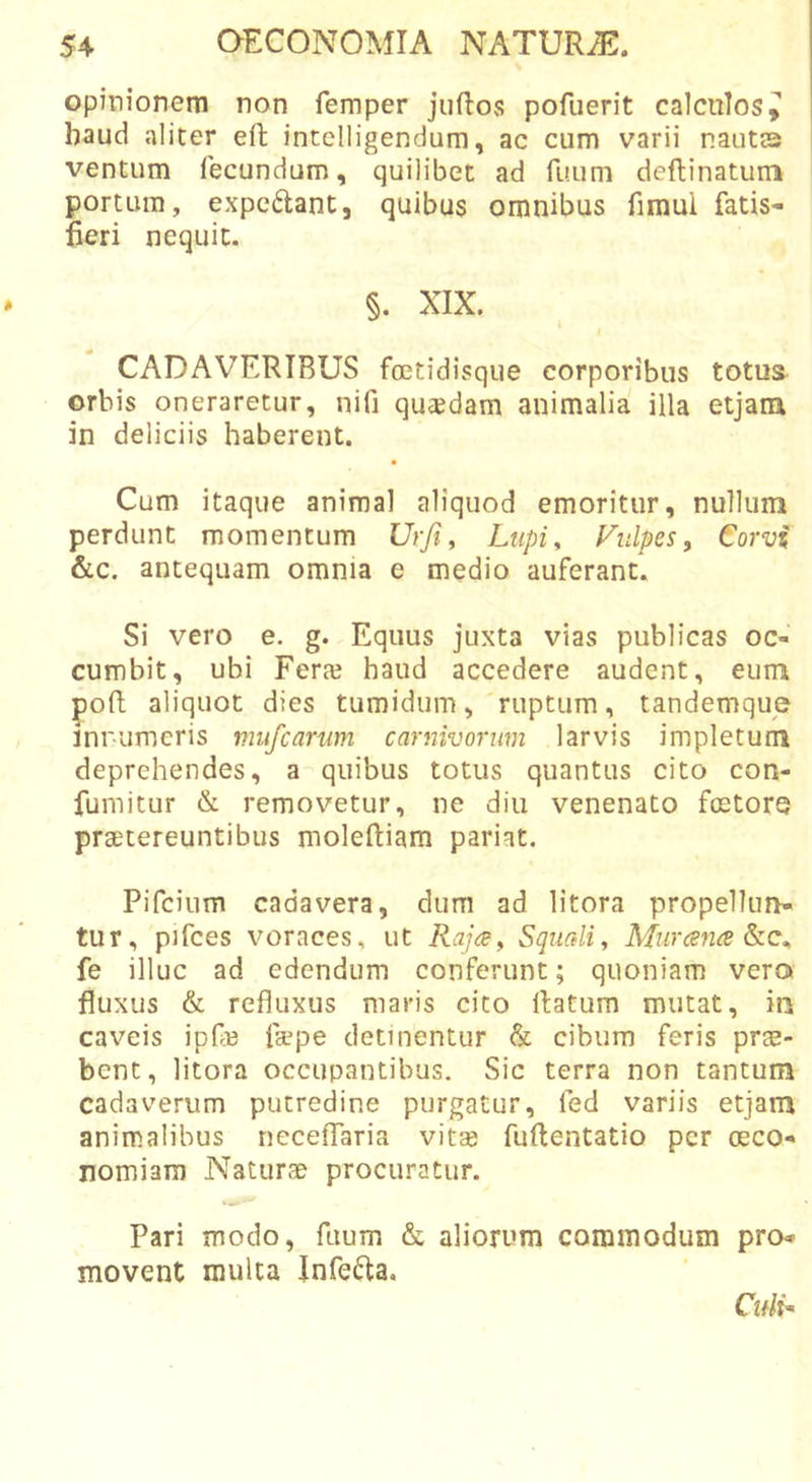 opinionem non femper juftos pofuerit calculos^' haud aliter eft intelligendum, ac cum varii nautts ventum fecundum, quilibet ad fuum deflinatum portum, expcftant, quibus omnibus fimui fatis- fieri nequit. §. XIX. CADAVERIBUS foetidisqiie corporibus totus^ orbis oneraretur, nifi quaedam animalia illa etjam in deliciis haberent. Cum itaque animal aliquod emoritur, nullum perdunt momentum Urji, Ltipiy Vulpes, Corvi &amp;c. antequam omnia e medio auferant. Si vero e. g. Equus juxta vias publicas oc- cumbit, ubi Fera? haud accedere audent, eum poft aliquot dies tumidum, ruptum, tandemque inrumcris mufcarwn carnivorum larvis impletum deprehendes, a quibus totus quantus cito con- fumitur &amp; removetur, ne diu venenato foetoro praetereuntibus moleftiam pariat. Pifcium cadavera, dum ad litora propellun- tur, pifces voraces, ut RajiS, Squrdi, Murana &amp;Cy fe illuc ad edendum conferunt; quoniam vero fluxus &amp; refluxus maris cito flatum mutat, in caveis ipfe fa?pe detinentur &amp; cibum feris prae- bent, litora occupantibus. Sic terra non tantum cadaverum putredine purgatur, fed variis etjam animalibus neceifaria vita? fuflentatio per oeco- nomiam Naturae procuratur. Pari modo, fuum &amp; aliorum commodum pro» movent multa Infe^fa. Of/t-