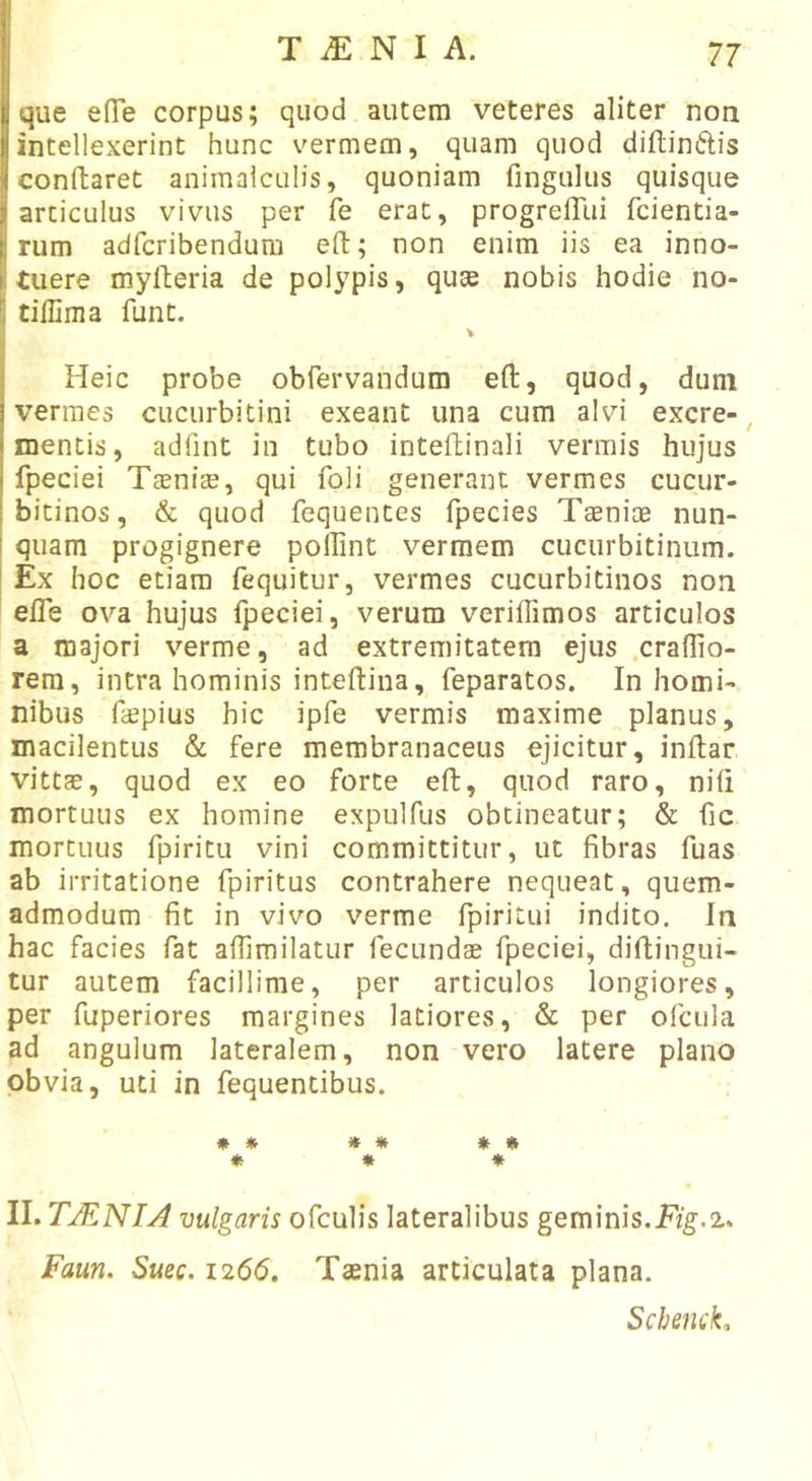 que efle corpus; quod autem veteres aliter non intellexerint hunc vermem, quam quod diftinftis conftaret animalculis, quoniam fingulus quisque articulus vivus per fe erat, progrelTui fcientia- rum adfcribendum eft; non enim iis ea inno- tuere myfteria de polypis, quae nobis hodie no- tiflinia funt. Heic probe obfervandum eft, quod, dum vermes cucurbitini exeant una cum alvi excre-^ mentis, adlint in tubo inteftinali vermis hujus fpeciei TaeniEe, qui foli generant vermes cucur- bitinos, &amp; quod fequentes fpecies Taeniae nun- quam progignere pollint vermem cucurbitinum. Ex hoc etiam fequitur, vermes cucurbitinos non elTe ova hujus fpeciei, verum veriflimos articulos a majori verme, ad extremitatem ejus craflio- rem, intra hominis inteftina, feparatos. In homi- nibus fcepius hic ipfe vermis maxime planus, macilentus &amp; fere membranaceus ejicitur, inftar vittae, quod ex eo forte eft, quod raro, nih mortuus ex homine expulfus obtineatur; &amp; fic mortuus fpiritu vini committitur, ut fibras fuas ab irritatione fpiritus contrahere nequeat, quem- admodum fit in vivo verme fpiritui indito. In hac facies fat afiimilatur fecundae fpeciei, diflingui- tur autem facillime, per articulos longiores, per fuperiores margines latiores, &amp; per ofcula ad angulum lateralem, non vero latere plano obvia, uti in fequentibus. * * » * « « * * * II. TJENIA vulgaris ofculis lateralibus geminis.F/g.2. Faun. Suec. 1266. Taenia articulata plana. ScbetuK