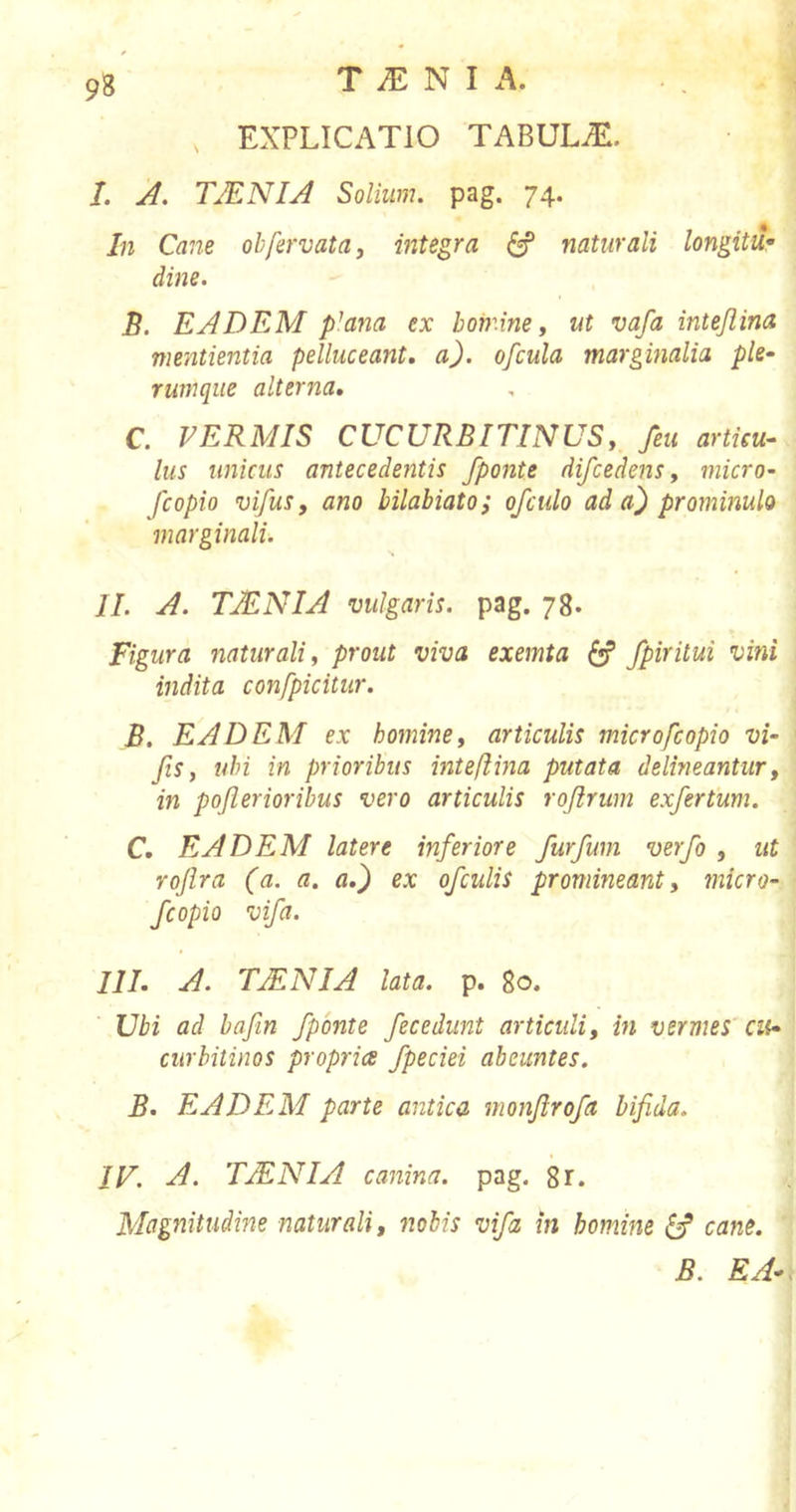 EXPLICATIO TABULiE. 9B I. A. TJENIA Solium, pag. 74. In Cane ohfervata, integra (f naturali longitU’ dine. B. EADEM p^ana ex bomine y ut vafa intejlina mentientia pelluceant. a), ofcula marginalia ple^ rumque alterna» C. VERMIS CUCURBITINUSy feu articu- lus unicus antecedentis fponte difcedens, micro- fcopio vifus, ano bilabiato; ofculo ad a) prominulo marginali. II. A. TJENIA vulgaris, pag. 78. Figura naturali y prout viva exemta ^ fpiritui vini indita confpicitur. B. EADEM ex homine, articulis microfcopio vi- Jis, ubi in prioribus intefiina putata delineantur, in pojlerioribus vero articulis rojlrum exfertum. C, EADEM latere inferiore furfum verfo , ut rojlra (a. a. a») ex ofciilis promineant, micro- Jcopio vifa. III. A. TMNIA lata. p. 80. Ubi ad bafin fponte fecediint articuli, in vermes cu- curbitinos proprice fpeciei abeuntes. B. EADEM parte antica monjirofa bifida. IV. A. TJENIA canina, pag. 8r. Magnitudine naturali, nobis vifa in homine ^ cane. B. EA-