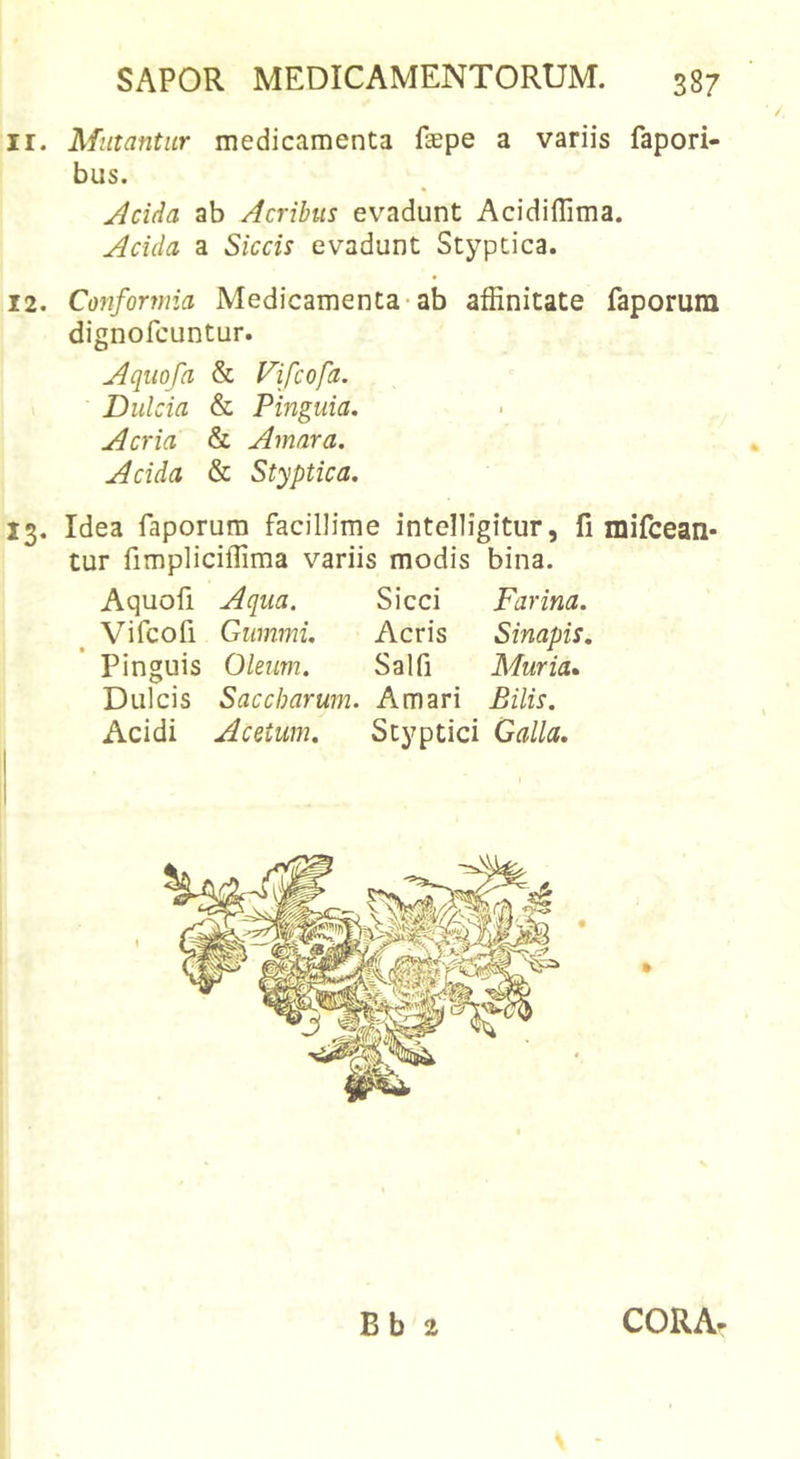11. Mutantur medicamenta faepe a variis fapori- bus. ^cida ab Acribus evadunt Acidiffima. Acida a Siccis evadunt Styptica. 12. Conformia Medicamenta-ab affinitate faporura dignofcuntur. Aqiiofa &amp; Fifcofa. Dulcia &amp; Pinguia. Acria &amp; Amara. Acida &amp; Styptica. 13. Idea faporum facillime intelligitur, fi mifcean* tur fimpliciffima variis modis bina. Aquofi Aqua. Sicci Farina. Vifcoli Giimmi. Acris Sinapis. Pinguis Oleum. Salfi Muria» Dulcis Saccharum. Amari Bilis. Acidi Acetum. Styptici Galla. Bb 2 CORAr
