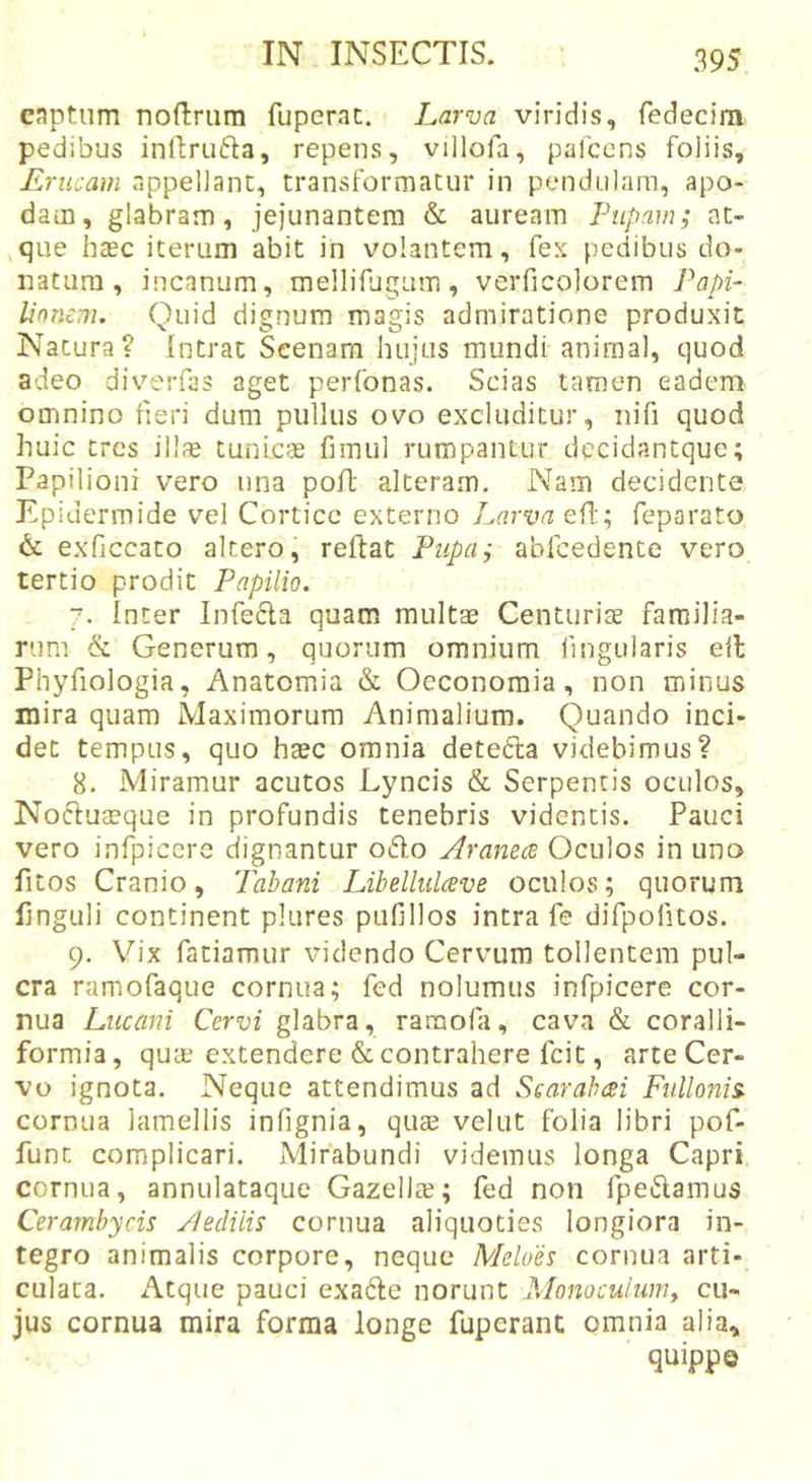captum noftriim fuperac. Larva viridis, fedecim pedibus inllrutla, repens, villofa, pafccns foliis. Erucam appellant, transformatur in pendulam, apo- dam, glabram, jejunantem &amp; auream Pupam; at- que hcBc iterum abit in volantem, fex pedibus do- natum, incanum, mellifugum, verficolorem Papi- lionem. Quid dignum magis admiratione produxit Natura? Intrat Seenam hujus mundi animal, quod adeo diverfas aget perfonas. Scias tamen eadem omnino tieri dum pullus ovo excluditur, nifi quod huic tres illae tunicae fimul rumpantur dccidantque; Papilioni vero una poft alteram. Nam decidente Epidermide vel Cortice externo Larva efl; feparato &amp; exficcato altero, reftat Pupa; abfcedente vero tertio prodit Papilio. 7. Inter Infeda quam multae Centuriae familia- rum &amp; Generum, quorum omnium fingularis ell Phyfiologia, Anatomia &amp; Oeconomia, non minus mira quam Maximorum Animalium. Quando inci- det tempus, quo haec omnia detedla videbimus? 8. Miramur acutos Lyncis &amp; Serpentis oculos, Nocluaeque in profundis tenebris videntis. Pauci vero infpicere dignantur otflo Aranea Oculos in uno fitos Cranio, Tabani Libellulceve oculos; quorum finguli continent plures pufillos intra fe difpofitos. 9. Vix fatiamur videndo Cervum tollentem pul- cra ramofaque cornua; fed nolumus infpicere cor- nua Lucani Cervi glabra, rarnofa, cava &amp; coralli- formia, quee extendere &amp; contrahere fcit, arte Cer- vo ignota. Neque attendimus ad Scarahcei Fullonis. cornua lamellis inlignia, quse velut folia libri pof- funt complicari. Mirabundi videmus longa Capri cornua, annulataque Gazellae; fed non fpe&lt;5lamus Cerambycis Aedilis cornua aliquoties longiora in- tegro animalis corpore, neque Meloes cornua arti- culata. Atque pauci exa^Ie norunt Monoculumy cu- jus cornua mira forma longe fuperanc omnia alia, quippe