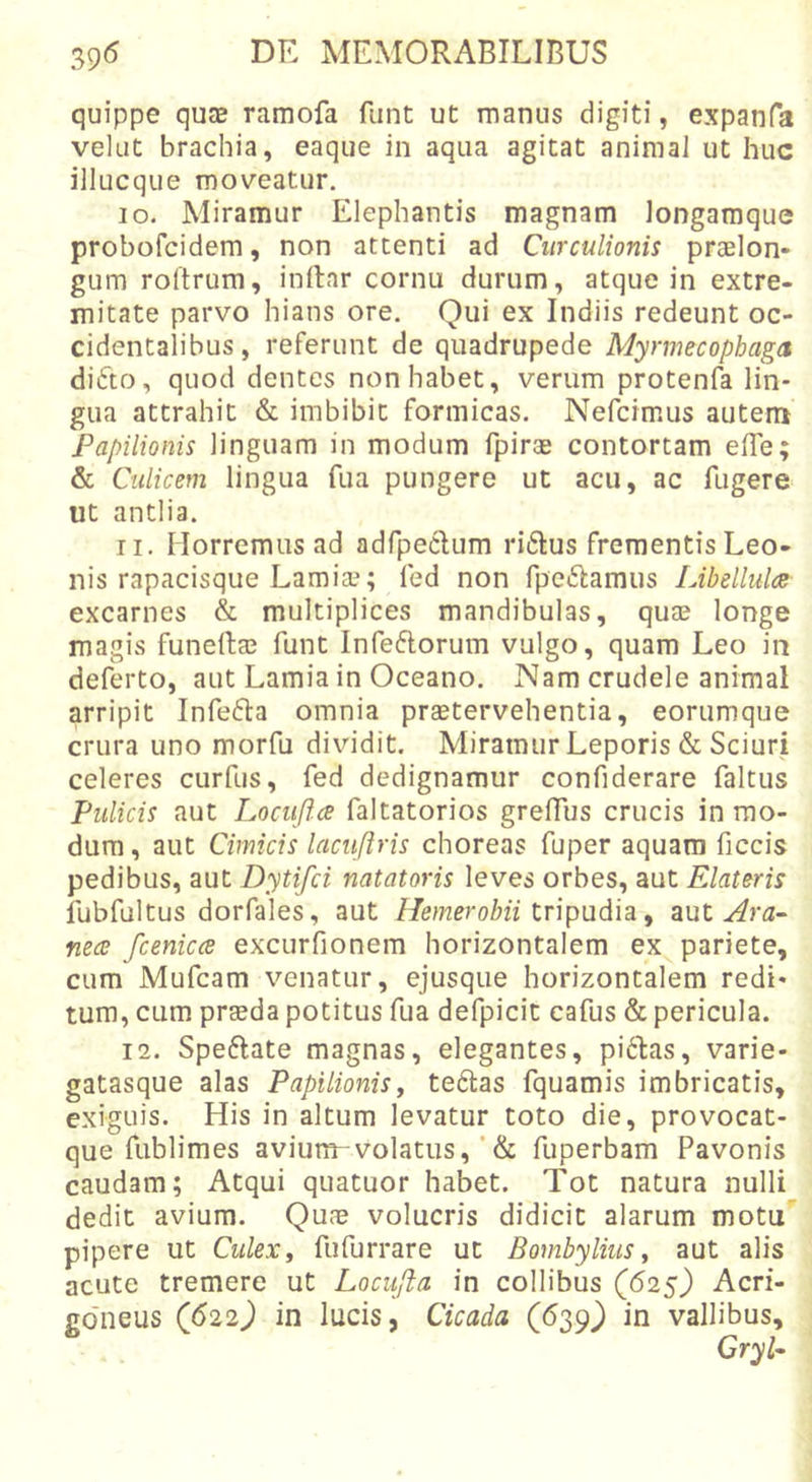 quippe quae ramofa fiint ut manus digiti, expanfa velut brachia, eaque in aqua agitat animal ut huc illucque moveatur. 10. Miramur Elephantis magnam longamque probofcidem, non attenti ad Curculionis praelon- gum roftrum, inllar cornu durum, atque in extre- mitate parvo hians ore. Qui ex Indiis redeunt oc- cidentalibus, referunt de quadrupede Myrmecophagct difto, quod dentes non habet, verum protenfa lin- gua attrahit &amp; imbibit formicas. Nefcimus autem Papilionis linguam in modum fpirae contortam elTe; &amp; Culicem lingua fua pungere ut acu, ac fugere ut antlia. 11. Horremus ad adfpedum ri£lus frementis Leo- nis rapacisque Lamiae; fed non rpe&lt;51amus Libellulce excarnes &amp; multiplices mandibulas, qute longe magis funerta3 funt Infeftorum vulgo, quam Leo in deferto, aut Lamia in Oceano. Nam crudele animal arripit Infe6]:a omnia praetervehentia, eorumque crura uno morfu dividit. Miramur Leporis &amp; Sciuri celeres curfus, fed dedignamur confiderare faltus Pulicis aut Locufta faltatorios greflus crucis in mo- dum , aut Cimicis lacuftris choreas fuper aquam ficcis pedibus, aut Dytifci natatoris leves orbes, aut Elateris fubfultus dorfales, aut tripudia, zut Ara- nece fcenicce excurfionem horizontalem ex pariete, cum Mufcam venatur, ejusque horizontalem redi- tum, cum praeda potitus fua defpicit cafus &amp; pericula. 12. Speftate magnas, elegantes, piflas, varie- gatasque alas Papilionisy teftas fquamis imbricatis, exiguis. His in altum levatur toto die, provocat- que fublimes avium-volatus, ‘ &amp; fuperbam Pavonis caudam; Atqui quatuor habet. Tot natura nulli dedit avium. Qu^ volucris didicit alarum motu' pipere ut Culex y fufurrare ut Bombylius y aut alis acute tremere ut Locufta in collibus (625) Acri- gdneus (622^ in lucis, Cicada (639) in vallibus.