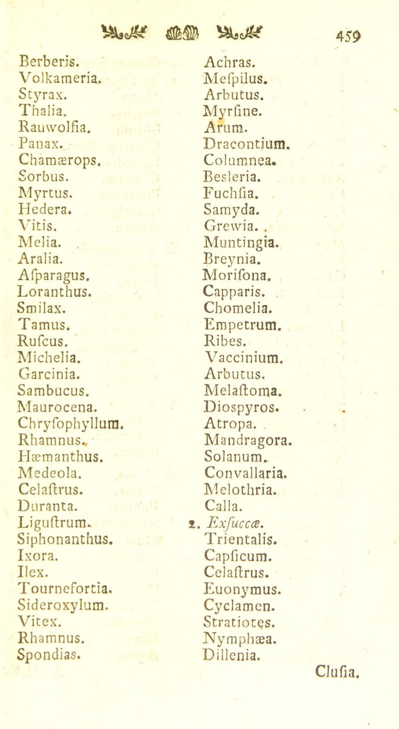 Volkameria. Stj^rax. Thalia. Rauwolfia. Panax. Chamaerops. Sorbus. Myrtus. Hedera. \itis. IMelia. Aralia. Afparagus. Loranthus. Smilax. Tamus. Rufcus. Michelia. Garcinia. Sambucus. Maurocena. Chryfophyllura. Rhamnus.. Ha?manthus. Medeola. Celaftrus. Duranta. Liguftrum. Siphonanthus. Ixora. Ilex. Tournefortia. Sideroxylum. Vitex. Rhamnus. Spondias. Mefpilus. Arbutus. Myrfine. Arum. Dracontium. Columnea. Besleria. Fuchfia. Samyda. Grewia. . Muntingia. Breynia. Morifona. Capparis. , Chomelia. Eropetrum. Ribes. Vaccinium. Arbutus. Melaftoma. Diospyros. Atropa. Mandragora. Solanum. Convallaria. Melothria. Calla. 1. Exfuccce. Trientalis. Capficum. Celaftrus. Euonymus. Cyclamen. Stratioces. Nymphaea. Dillenia.