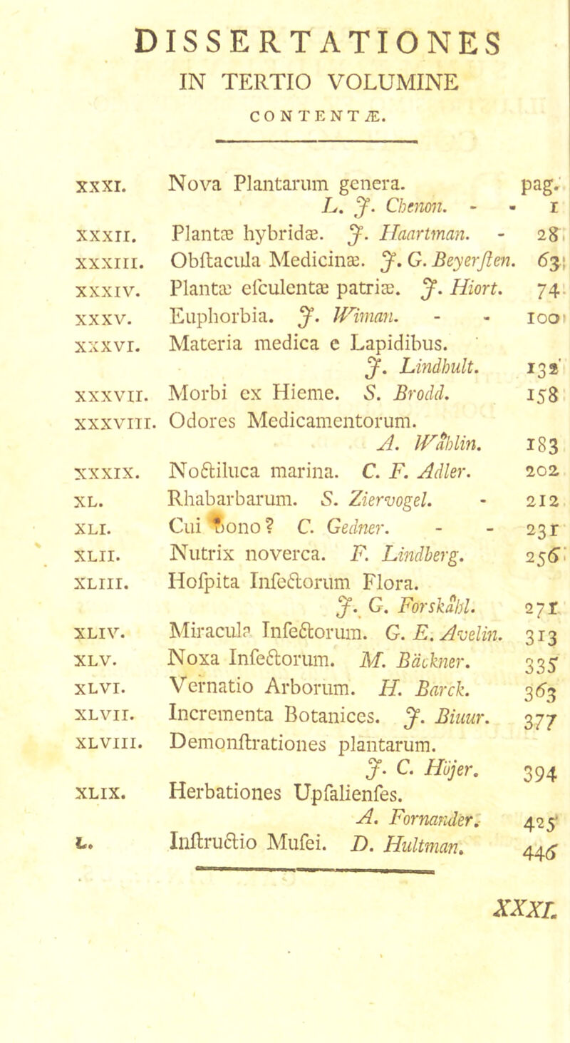 DISSERTATIONES IN TERTIO VOLUMINE CONTENTiE. XXXI. Nova PlantaiTim genera. pag,' L. Chmon. - - i xxxn. Plantje hybridse. Haartman. - 28, XXXIII. Obftaciila Medicinse. J. G. Beyerjlm. 6y, XXXIV. Plantae efculentae patriae. Hiort. 74. XXXV. Euphorbia. J. IViman. - - 1001 XXXVI. Materia medica e Lapidibus. J, Lindhult. 132' XXXvii. Morbi ex Hieme. 5. Brodd. 158 xxxviii. Odores Medicamentorum. yd. JVablin. I83 xxxix. Noftiluca marina. C. F. Adler. 202 XL. Rhabarbarum. «S. Ziervogel. - 212 XLi. Cui f)ono? C. Gedner. - - 231 XLii. Nutrix noverca. F. Lindberg. 25^.’ XLiii. Hofpita Inferiorum Flora. G. Forskahl. 271 XLiv. Miracul? Inferiorum. G.E.A^uelin. 313 XLV. Noxa Inferiorum. M. Bdchier. 335 xLvi. Vernatio Arborum. H. Barch 3^3 XLvii. Incrementa Botanices. J. Biuur. 377 XLViii. Demonflrationes plantarum. J. C. Hujer, 394 XLix. Herbationes Upfalienfes. A. Fornariderl- 425* i*» Iiiflruriio Mufei. D. Hiiltman, 44^ XXXL