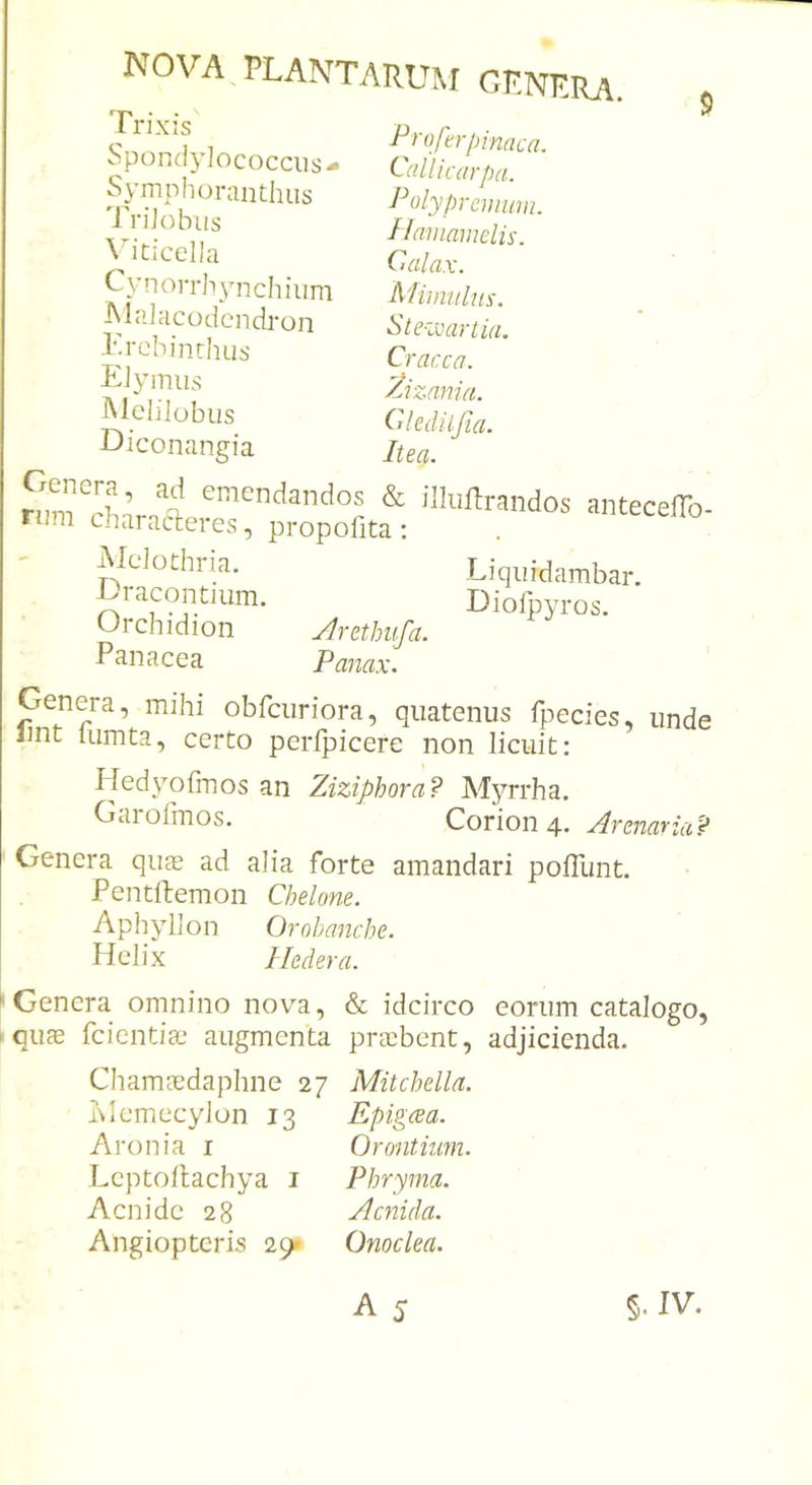 Trixis Spondylococciis-' Symphoranthiis TriJobiis \'icicella Cynorrhynchiiim JMaJacudcndron .Krebinrhus E]ymiis Melilobus Diconangia Pjoferiunaca. Callicarpa. Polyprcunnn. Uninamelis. Calax. MiuiitUts. Ste-ivartia. Cracca. Zizania. Crlediijta. Itea. ‘^'^'^ndandos &amp; illuftrandos rj.ai characteres, propofita; antecefTo- iMeJothria. Dracontium. Orchidion Panacea Arethufa. Panax. Liqiiidambar. Diolpyros, Genera, mihi obfciiriora, quatenus fpecies, unde unt lumta, certo perlpicere non licuit: Pledyofinos an Ziziphora? Myrrha. Gaioiinos. Corion 4. Arenaria? Genera qu$ ad alia forte amandari polTunt. Pentllemon Chelone. AphylJon Orohanche. Helix Hedera. Genera omnino nova, &amp; idcirco eorum catalogo, quae fcicntiai augmenta praibent, adjicienda. Chamaedaphne 27 iNicmecyJon 13 Aronia i Lcptofhachya i Aenide 28 Angiopteris 29* Mitchella. Epigeea. Orantium. Phryma. Aenida. Onoclea.