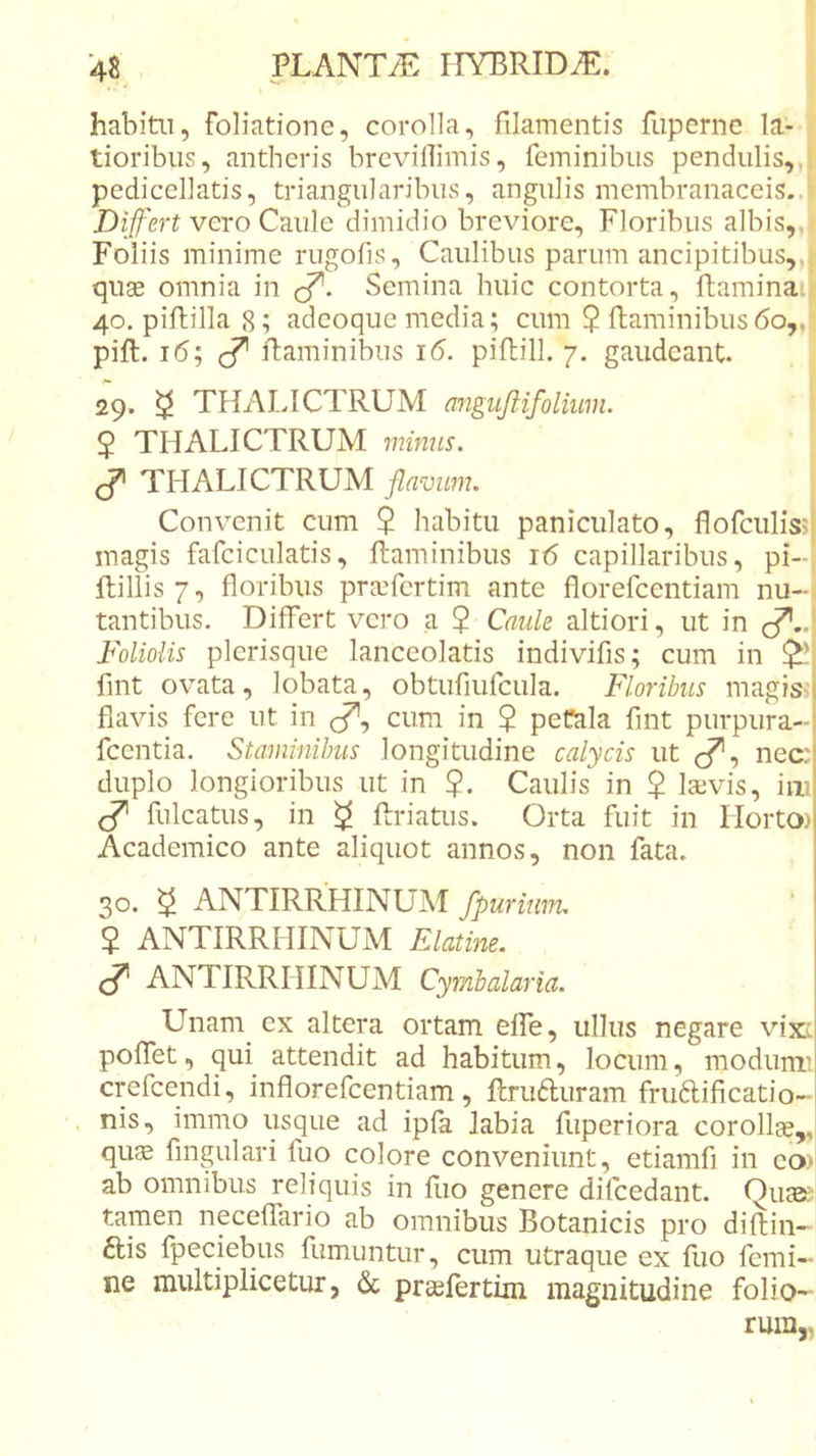 4S. habitii, foliatione, corolla, filamentis fuperne la- tioribus, anthcris brevillimis, feminibus pendulis,, pedicellatis, triangularibus, angulis membranaceis..!’ Differt vero Caule dimidio breviore. Floribus albis,, Foliis minime rugofis. Caulibus parum ancipitibus,,, quae omnia in (ff. Semina huic contorta, ftaminaii, 40. piftilla 8; adcoque media; cum $ flaminibus60,,| pift. 16; cf ftaminibiis 16. piflill. 7. gaudeant. 29. ^ THALICTRUM anguftifoliwn. $ THALICTRUM mimis. THALICTRUM flavum. Convenit cum 2 habitu paniculato, flofciilis5| magis fafciculatis, ftaminibus 16 capillaribus, pi-i Hillis 7, floribus prcefertim ante florefeentiam nu-i tantibus. Differt vero a 2 Caule altiori, ut in (ff.. Foliolis picrisque lanceolatis indivifis; cum in flnt ovata, lobata, obtufiufcula. Floribus magis&gt;' flavis fere ut in (T', cum in 2 peClala flnt purpura- fccntia. Staminibus longitudine calycis ut nec: duplo longioribus ut in ?. Caulis in 2 laevis, iin ^ fulcatus, in ^ flriatus. Orta fuit in HortO) Academico ante aliquot annos, non fata. i 30. ^ ANTIRRHINUAI fpurium. 2 ANTIRRHINUM Elatine. ANTIRRHINUM Cymhalaria. Unam ex altera ortam elfe, ullus negare vixi poflet, qui attendit ad habitum, locum, modumi crefeendi, inflorefeentiam, flrufturam fruftificatio- nis, immo usque ad ipfa labia fuperiora corollee,, quae Angulari fuo colore conveniunt, etiamfi in eo) ab omnibus reliquis in flio genere difcedant. Ouas? tamen neceffario ab omnibus Botanicis pro diftin- £lis fpeciebus fumuntur, cum utraque ex fuo femi- ne multiplicetur, dc praefertim magnitudine folio-