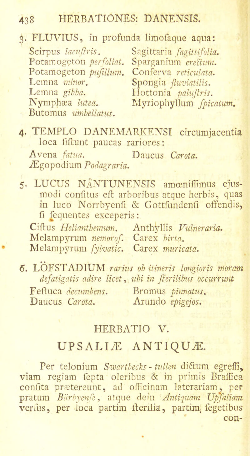 3. FLUVIUS, in profunda lii-nofaque aqua: Scirpus Inniflvis. Sagittaria fagittifolia. Potainogqton perfoliat. Sparganiiim eredum. Potamogeton pujtllum. Conferva reticulata. Lemna minor. Spongia fluviatilis. Lemna gibba. Hottonia paliiflris. Nymphaea lutea. Llyriophyllum /picatum. Biitomus umbellatus. 4. TEMPLO DANEMARKENSI circumjacentia loca liffcunt paucas rariores: Avena fatua. Daucus Carota. AEgopodium Podagraria. ' 5. LUCUS NaNTUNENSTS amoeniffimiis ejus- modi confitLis eft arboribus atque herbis, quas in luco Norrbycnfi &amp; Gottfundenfi offendis, fi fequentes exceperis: Ciftus Helianthemum. Anthyllis Vulneraria. Melampyrum nemorof. Carex hirta. Melampyrum fylvatic. Carex muricata. 6. LOFSTADIUM rarius ob itineris longioris moram defatigatis adire licet, ubi in fterilibus occurrunt Fefluca decumbens. Bromiis pinnatus. Daucus Carota. Arundo epigejos. HERRATIO V. UPSALIiE ANTIQUiE. Per telonium Swartbecks - tullen diffum egreili, viam regiam fepta oleribus &amp; in primis Braffica confita prectereunt, ad officinam laterariam^ per pratum Bdrbyenfe, atque dein Antiquam Upfaliam venus, per loca partim Itenlia, partim] Tegetibus ' con-