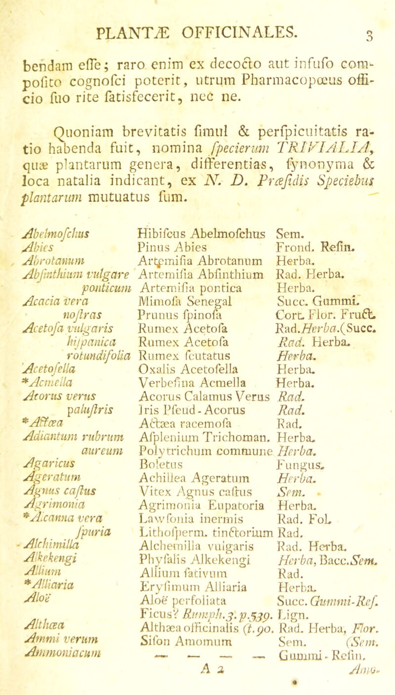 O bendam eflc; raro enim ex decoclo aut infufo cora- polito cognofci poterit, utrum Pharmacopa'Lis offi- cio fuo rite fatisfeeerit, neC ne. Quoniam brevitatis firaul &amp; perfpicuitatis ra- tio habenda fuit, nomina fpecierum TRIl^YALIy!, c|iiae plantarum genera, differentias, lynonyma &amp; loca natalia indicant, ex N. D. Prajidis Specubus plantarum mutuatus fum. j^beltnofchus Mbks jibrotanum Abjhtliiivni vulgare poiiticuiii Acacia vera nojlras Acetofa vulgaris hijpanica rotundifolia Acetofella *Acinella Aroriis verus palujlris *Affcea Adiantum rubrum aureum Agaricus Ageratum Agnus cafliis Agrimonia *Aicamia vera Jpuria ■ Alchimilla Alkekengi Allium *Alliaria Aloy Althcea Ammi verum Aiiimoniacum Hibifees Abelmofchus Pinus Abies Art^'mifia Abrotanum Arteraifia Abfinthium Arteniilia pontica IVIimola Senegal Prunus fpinofa Rumex Acetofa Rumex Acetofa Rumex fcutatus Oxalis Acetofella Verbeflna Acniella Acorus Calamus Verus Iris Pfeud-Acorus Aftaea racemofa Afplenium Trichoman. Polytrichum commune Boletus Achillea Ageratum Vitex Agnus calhis Agrimonia Eupatoria Lawfmiia inermis Lithofperm. tinftorlum Alcliemilla vulgaris Phvfalis Alkekengi Allium fativum EryUimum Alliaria Aloe perfoliata FiciisV Rumph.^.p.^y^jp. Althaea olFicinalis (t.po. Sifon Amomum A 2, Sem. Frond. Refim Herba. Rad. Herba. Herba. Succ. Gummi. Cort Flor. Fruft. Rad.F/er^;fi'.(Succ. Rad. Herba. Herba, HerbiU Herba. Rad. Rad. Rad. Herba. Herba. Fungus. Herba. Sern. * Herba. Rad. FoL Rad. Rad. Herba. Herba, Bacc.iS^cw. Rad. Herba, Succ. Gummi-Ref r.ign. Rad. FJerba, Flor. Sem. {Sem. Gummi - Rclin.