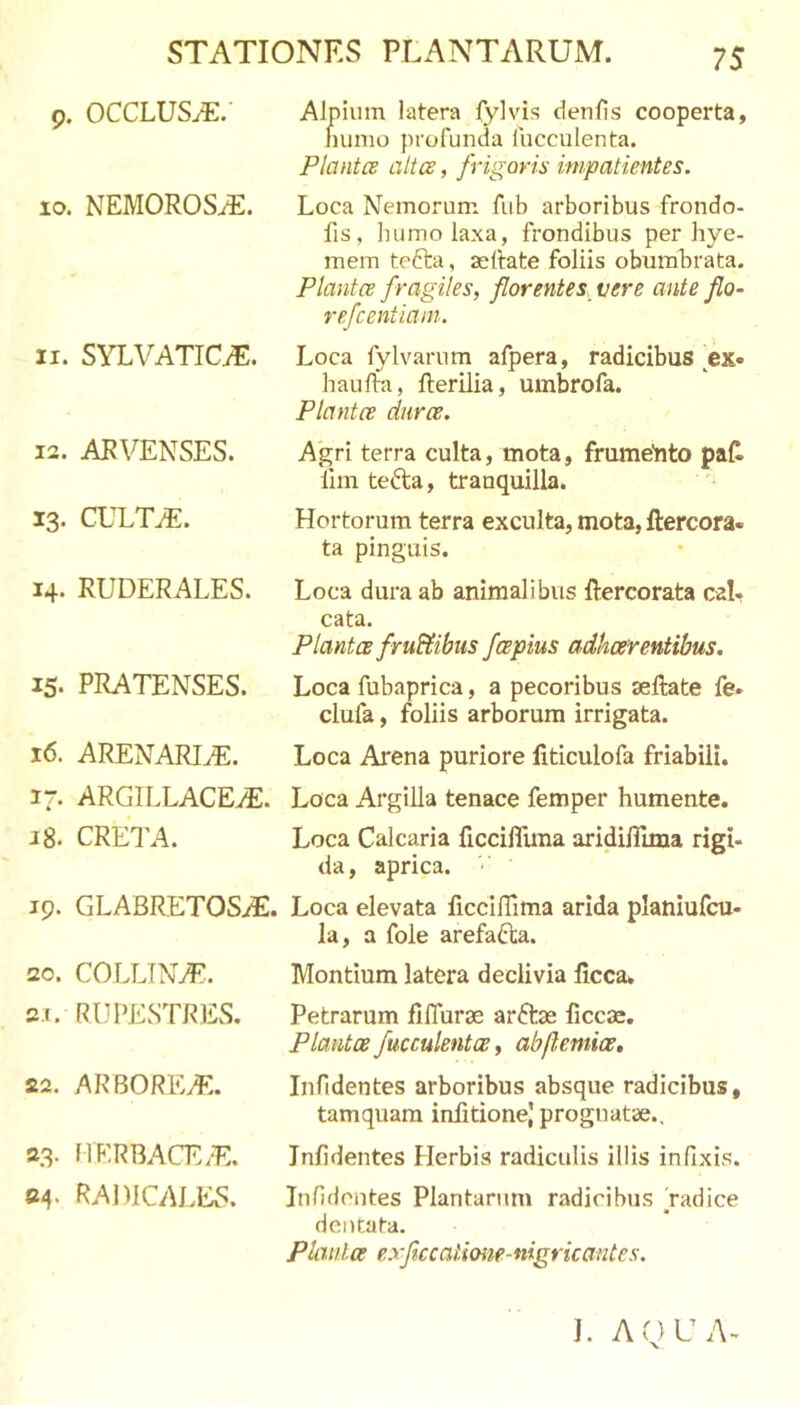 p. OCCLUSA. 10. NEMOROSAE. 11. SYLVATICiT. 12. ARVENSES. 13. CULTT. 14. RUDERALES. 15. PRATENSES. 16. ARENARIA. 1“ ARGILLACEAE. 18. CRETA. 19. GLABRETOSaE. 20. COLLINAE. 21. RUPESTRES. 22. ARBORE.E. 23. fiERBACE/E. 24- RADiCAJ.ES. 75 Alpium latera fylvis denfis cooperta, humo profunda fucculenta. Plantes altes, frigoris impatientes. Loca Nemorum fub arboribus frondo- fis, humo laxa, frondibus per hye- mem tefta, asliate foliis obumbrata. Plantes fragiles, florentes.^ vere ante flo- refcentiain. Loca fylvarum afpera, radicibus ex« hauRa, fterilia, umbrofa. Plantes dures. Agri terra culta, mota, fmmetito pall llm tefta, tranquilla. Hortorum terra exculta, mota, ftercora- ta pinguis. Loca dura ab animalibus ftercorata cal. cata. Plantes fru&amp;ibus fcepius adhesrentibus. Loca fubaprica, a pecoribus aeftate fe. clufa, foliis arborum irrigata. Loca Arena puriore liticulofa friabili. Loca Argilla tenace femper humente. Loca Calcaria ficcifluna aridilTuua rigi- da, aprica. Loca elevata ficcilTima arida planiufcu- la, a fole arefafta. Montium latera declivia licca. Petrarum fiflurae arftse ficcac. Plantes fucculentce, abfl.emi&lt;s» Infidentes arboribus absque radicibus, tamquam infitione) prognatae., Jn/identes Herbis radiculis illis infixis. Infidentes Plantarum radicibus 'radice dentata. Planlce exfccatione-nigricantes.