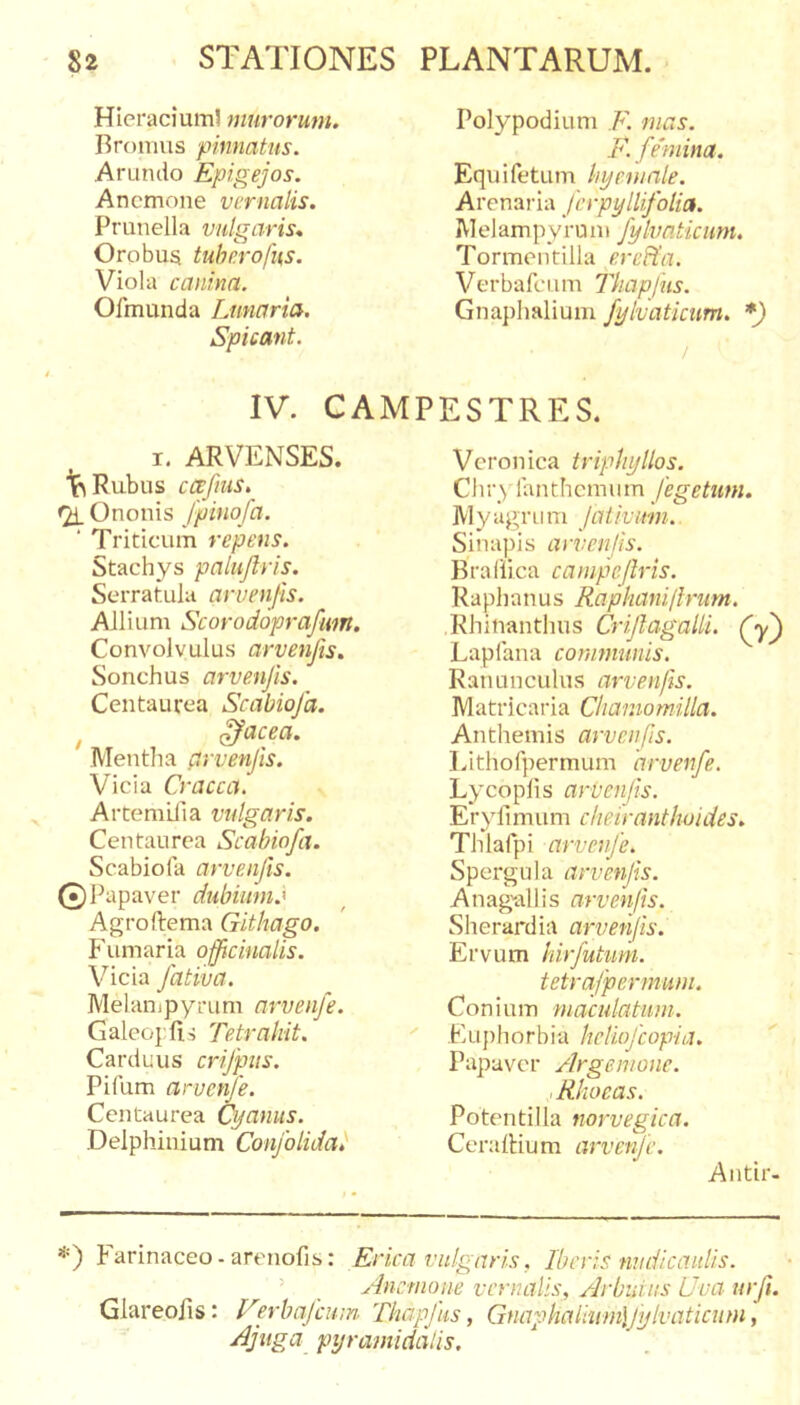 Hicraciuml niurorum, Bromus pinnatus. Arundo Epigejos. Anemone vernalis. Prunella vulgaris* Orobus tuherofus. Viola canina. Ofmunda Lunaria. Spicant. Polypodium F. mas. F. fmiina. Equifetum hye.mnle. Arenaria ferpyllifolia. JVlelampyruni fylvaticum. Tormentilla ereHa. Verbafciim Tkapjiis. Gnaplmlium fylvaticum. *) / IV. CAMPESTRES. I, ARVENSES. ^ Rubus cccfms. •2L Ononis fpinofa. ‘ Triticum repens. Stachys paluftris. Serratula arvenfis. Allium Scorodoprafim. Convolvulus arvenfis. Sonchus arvenjis. Centaurea Scabiofa. ^ ffacea. Mentha prvenfis. Vicia Cracca. Artemhia vulgaris. Centaurea Scabiofa. Scabiofa arvenfis. ©I ^apaver dubium.^ Agroftema Gitliago. F urnaria officiualis. Vicia fativa. Melanipyrum arvenfe. Galeoplis Tetrahit. Carduus crifpiis. Pifum arvenfe. Centaurea Cyanus. Delphinium Confolida^ Vcronica tripJiyllos. Chr^ lanthcmum fegetiim. M y agru m Jatkimi. Sinapis arvenfis. Braliica cainpeflris. Raphanus Raphanijlrum. Rhinanthus Crifagalli. Qy'^ Eaplana communis. Ranunculus arvenfis. Matricaria Chamomilla. Anthemis arvenfis. Lithofpermum 'arvenfe. Lycoplis arvenfs. Eryfi mum cfieiranthoides. Thlafpi arvenfe. Spergula arvenfs. A n agal 1 i s arvenfs. Sherardia arvenfs. Ervum hirfutum. tetrafpermum. Conium maculatum. Euphorbia hcHofcopia. Papaver Argemone. : Rhoeas. Potcntilla norvegica. Ceraitium arvenje. Antir- *) Farinaceo-arenofis: Erica vulgaris, Iberis nudicaulis. ’ Anemone vernalis, Arbutus Uva urf. Glareofis: Ferbajemn Thapfis, Gnaphaliwn\fylvaticum, Ajuga pyramidalis.