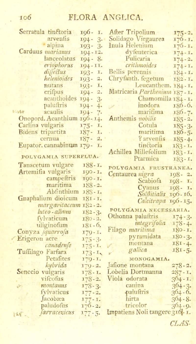 Serratula tinftoria 196- i arvenlis 194 - 3 * alpiiia 193- 3 Cavdnns iiiarianus 194-12 lanceolatus 194- 8 eriophorus 194 -11 di.[fetius 193 - 1 helenioldes 193- 2 nutans 193- 1 crifpus 194- 2 acaiitlioides 194- 3 palullris 194- 4 ‘ acaulis 194- 7 Onopord. Acanthium 19(1-14 Carlina vulgaris 175- i Bidens tripartita 187- 1 cernua 187- 2 Eupator. cannabinum 179- i POLYGAMIA SUPERFLUA. Tanacetum vulgare 188-1. Artemifia vulgaris 190-1. campellris 190 -1. maritima 188-2. Abfinthiiim 188-1. Gnaphalium dioicum 181-1. margantaceum 182 - 2. luteo - albmn 182-3. fvlvaticum 180-2. uliginofum i8t-G Conyza fquarvofa 179-I. &lt;&lt; Erigerou acre 175 - 3- canadenfe 375-1. Tuffilago Farfara 373-Iv Petali tcs 379-1. hybrida 179-2. Senecio vulgaris 178-1. , vifcofus 378-2. montanus 378-3- fylvaticus 377-2. Jacobaea 177-1. paiudofus 176-2. i . jarracenicus 377-5. After Tripolium 175-2. Solidago Virgaurea 176-1. Inula Helenium 176-1. dyfenterica 374-3. Pulicaria 174-2. critlimoides 374.1. Bellis perennis 184-1. Chrylanth. legetum 182-I. Leucanthem. 184 -1. Matricaria Fnrtlieniuni 187 -1. Cliamoniilla 184-1. inodora 186-6. maritima 186-7. Anthemis nobilis 185-2. Cotula 385-3- maritima 186-5. V arvenlis 385-4- tinftoria 183 - 3. Achillea Millefolium 183-3. Ptarmica 383-3. POLYGAMIA FRUSTRANEA. Centaurea nigra 198- 2. Scabiofa 198- I. Cyanus 198- 1. Soljlitialis 196 -16. Calcitrnpa 196-15. POLYGAMIA NECESSARIA. Othonna paluftris 374-3- integrifolia 178-4- Filago maritima 180-1. pyramidata 180-3. montana 181-4. gallica 381-5- MONOGAMIA * Jafione montana 278-2. Lobelia Dortmanna 287 -1. Viola odorata 364-1. canina .364-3. 4)aluftris 364-6. hirta .364-8. tricolor 364-9- Impatiens Noli tangerc3i(5j-1. CLAS^