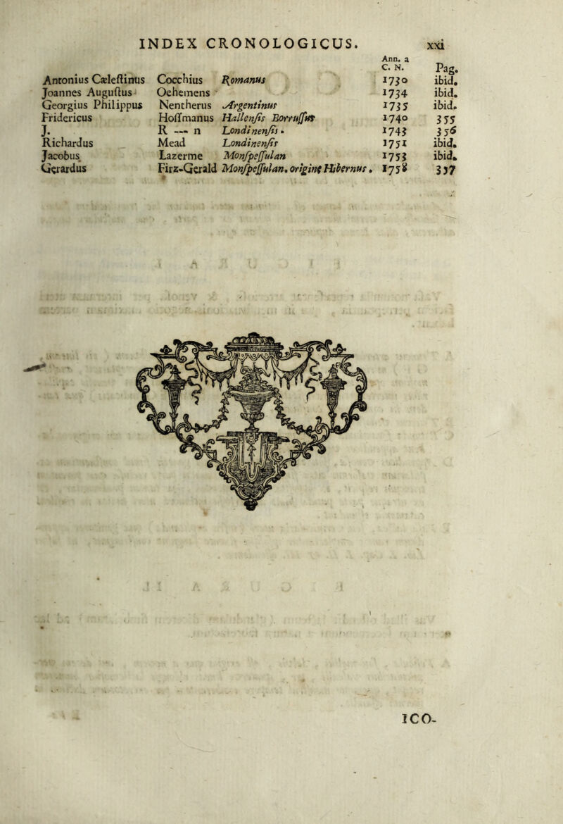 INDEX CRONOLOGICUS. Antonius Csleftimjs Cocchius Romanus Ann. a C. N. 1750 Pag. ibid. Joannes AuguftusJ Oehemens ' 1734 ibid. Georgius Philippus Nent herus ^rgentinut 1735 ibid. Fridericus Hofifmanus Hallenjis Eorrufft» 1740 375 J.. R — n Londinenjti. 1743 3 5<5 Richardus ^ Mead LondSnenJtf 1751 ibid. Jacobiis Lazerme Monfpsffulan * 1755 ibid» Gcrudus Firz*Gcrald Monfp^ulan, origini thhrnur. 1758 557 P jr-. ICO-