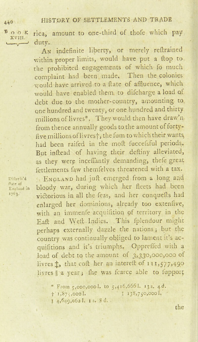 ■Book XVIIl, • ,—' Diflrcfs’d ftatr ot Enaljiid ;n 1763. rica, amount to one-third of thofe which pa’/ duty. An indefinite liberty, or merely reftrained within proper limits, would have put a flop to the prohibited engagements of which fo much complaint had been made. Then the colonies Y/ould have arrived to a (late of affiuence, which would have er]abled them to difcharge a load ol debt due to the mother-country, amounting to. one hundred and twenty, or one hundred and thirty millions of livres*. They would then have draw’n. from thence annually goods to the amount of forty- five millions of livrestj thefum to which their v/ant^ had been raifed in the moft fuccefsful periods. But inftead of having their deftiny alleviated, as they werp incefiantly demanding, thefe great fettlements faw themfelves threatened with a tax. Enpland had juft emerged from a long and bloody war, during which her fleets had been victorious in all the feas, and her conquefts had enlarged her dominions, already too extenfive^ with an immenfe acquifition of territory in the Eaft and Weft Indies. This fplendour might perhaps externally dazzle the nations s but tlie country was continually obliged to lament it’s ac- quifitions and it’s triumphs. Opprefled with a load of debt to the amount of 3,330,000,000 of livres J, that coft her an intereft of 111,577,490 livres |1 a year ; fiie vvas fcarce able to lupporç * From 5,000,000!. to 5,/^ 16,666). J3S. ad. t 1,87^000). I 138,750,000!. j 4,649,062 !. IS. 8 d. .