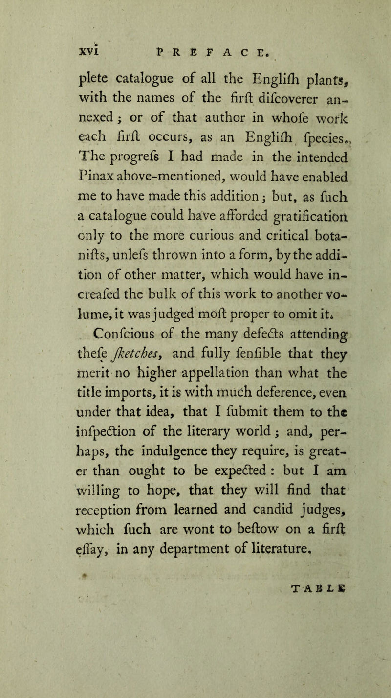 xvx Preface. plete catalogue of all the Englifh plants, with the names of the firft difcoverer an- nexed ; or of that author in whofe work each firft occurs, as an Englifh fpecies.. The progrefs I had made in the intended Pinax above-mentioned, would have enabled me to have made this addition; but, as fuch a catalogue could have afforded gratification only to the more curious and critical bota- nifts, unlefs thrown into a form, by the addi- tion of other matter, which would have in- creafed the bulk of this work to another vo- lume, it was judged moft proper to omit it* Confcious of the many defeats attending thefe Jketchesy and fully fenfible that they merit no higher appellation than what the title imports, it is with much deference, even under that idea, that I fubmit them to the infpedtion of the literary world and, per- haps, the indulgence they require, is great- er than ought to be expedted : but I am willing to hope, that they will find that reception from learned and candid judges, which fuch are wont to beftow on a firft effay, in any department of literature. TAB LB
