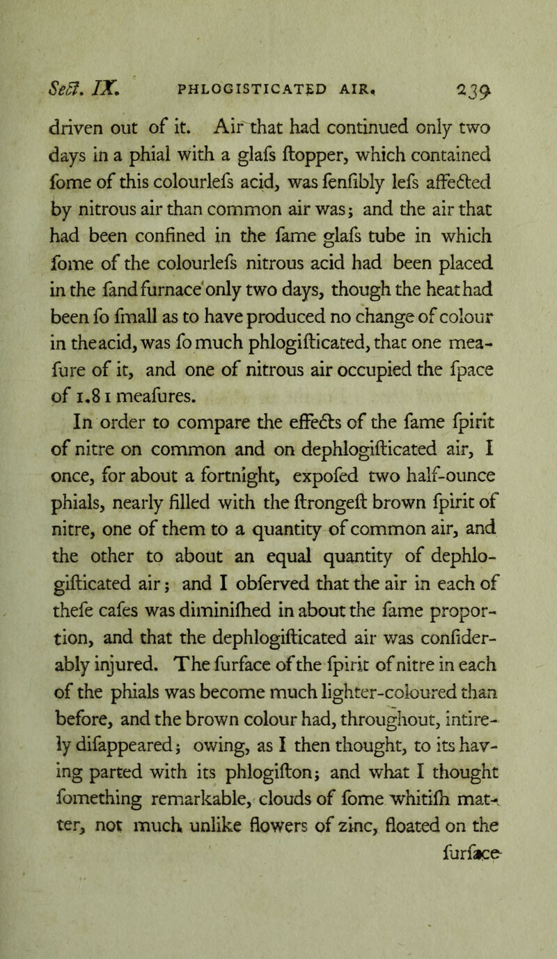 driven out of it. Air that had continued only two days in a phial with a glafs ftopper, which contained fome of this colourlefs acid, was fenfibly lefs affedled by nitrous air than common air was; and the air that had been confined in the fame glafs tube in which fome of the colourlefs nitrous acid had been placed in the fand furnace only two days, though the heat had been fo fmall as to have produced no change of colour in theacid,was fo much phlogifticated, that one mea- fure of it, and one of nitrous air occupied the fpace of 1,81 meafures. In order to compare the efFe6ls of the fame fpirit of nitre on common and on dephlogifticated air, I once, for about a fortnight, expofed two half-ounce phials, nearly filled with the ftrongeft brown fpirit of nitre, one of them to a quantity of common air, and the other to about an equal quantity of dephlo- gifticated air; and I obferved that the air in each of thefe cafes was diminiftied in about the fame propor- tion, and that the dephlogifticated air was confider- ably injured. The furface of the fpirit of nitre in each of the phials was become much lighter-coloured than before, and the brown colour had, throughout, intire- iy difappeared; owing, as I then thought, to its hav- ing parted with its phlogifton; and what I thought fomething remarkable, clouds of fome whitifti mat- ter, not much unlike flowers of zinc, floated on the furface-