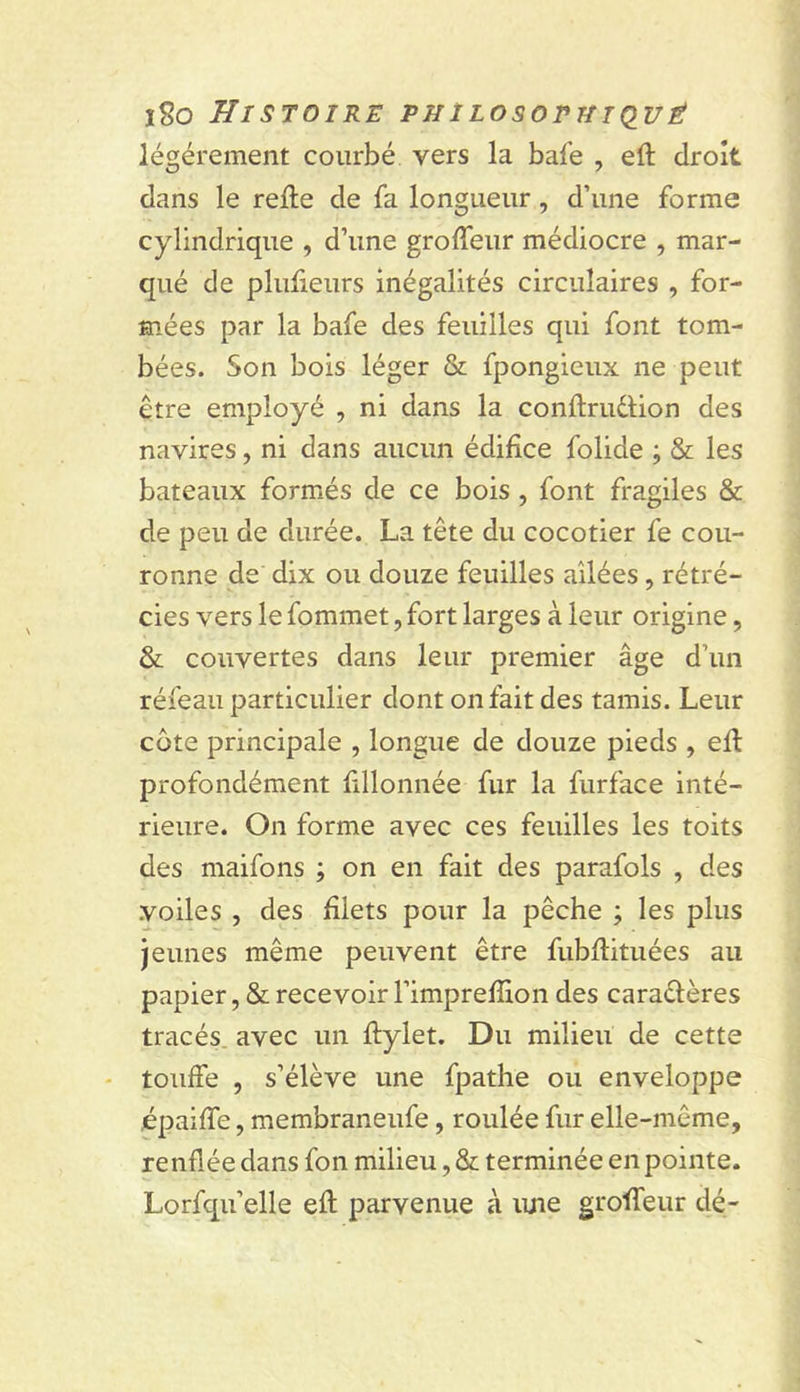 légèrement courbé vers la bafe , eft droit dans le relie de fa longueur, d’une forme cylindrique , d’une grolTeur médiocre , mar- qué de plulieurs inégalités circulaires , for- mées par la bafe des feuilles qui font tom- bées. Son bois léger &amp; fpongieux ne peut être employé , ni dans la conllruélion des navires, ni dans aucun édifice folide ; &amp; les bateaux formés de ce bois , font fragiles &amp; de peu de durée. La tête du cocotier fe cou- ronne de dix ou douze feuilles ailées, rétré- cies vers le fommet, fort larges à leur origine, &amp; couvertes dans leur premier âge d’un réfeau particulier dont on fait des tamis. Leur côte principale , longue de douze pieds , ell profondément fillonnée fur la furface inté- rieure. On forme avec ces feuilles les toits des maifons ; on en fait des parafais , des voiles , des filets pour la pêche ; les plus jeunes même peuvent être fubflituées au papier, &amp; recevoir l’imprefîion des caraélères tracés, avec un flylet. Du milieu de cette touffe , s’élève une fpathe ou enveloppe jépaiffe, membraneufe, roulée fur elle-même, renflée dans fon milieu, &amp; terminée en pointe. Lorfqu’elle efl parvenue à une groffeur dé-