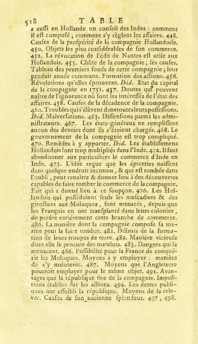 a auiïi en Hollande un confeil des Indes : comment il efl: compofé ; comment s’y règlent les aiFaires. 448. Caufes de ta profpérité de la compagnie Hollandoife. 450, Objets les plus confidérables de fon commerce. 452. La révocation de l’édit de Nantes eft utile aux Hollandois. 4J5. Chute de la compagnie; fes caufes. Tableau des premiers fonds de cette compagnie ; leur produit année commune. Formation des aélions. 45'd. Révolutions qu’elles éprouvent. Ibid. Etat du capital de la compagnie en 1751. 4S7- Doutes quf peuvent naître de l’ignorance où font les intérefles de l’état des affaires. 458. Caufes de la décadence de la compagnie. 460. Troubles quis’élèvent danstoutesleurspofleffions. Ibid. IMalverfations. 463. Diffenfions parmi les admi- niflrateurs. 467. Les états-généraux ne rempliffent aucun des devoirs dont ils s’étoient chargés. 468. Le gouvernement de la compagnie eft trop compliqué. 470. Remèdes à y apporter. Ibid. Les établiffemens Hollandois (ont trop multipliés dans l’Inde. 47Z. Il faut abandonner aux particuliers le commerce d’Inde en Inde. 475. L’idée reçue que les épiceries naiffent dans quelque endroit inconnu , & qui eft tombée dans i’oubli , peut renaître & donner lieu à des découvertes capables de faire tomber le commerce de la compagnie. Fait qui a donné lieu à ce foupçon. 476. Les Hol- landois qui poffédoient feuls les mufcadiers 6c des girofliers aux Moluques , font menacés , depuis que les François en ont tranfplanté dans leurs colonies , de perdre entièrement cette branche de commerce. 480. La manière dont la compagnie compofe fa ma- rine peut la faire tomber. 481. f)éfaurs de la forma- tion de leurs troupes de terre. 48z. Manière vicieufe dont elle fe procure des matelots. 483. Dangers qui la menacent. 486. Poffibilité pour la France de conqué- rir les Moluques. Moyens à y employer : manière de s’y maintenir. 487. Moyens que l’Angleterre pourroit employer pour le même objet. 491. Avan- tages que la république tire de la compagnie. Impofi- tions établies fur les aélions. 494. Les dettes publi- ques ont affoibli la république. Moyens de la rele- ver, Caufes de fon_ancienne fplendeur, 497, 4i?S.