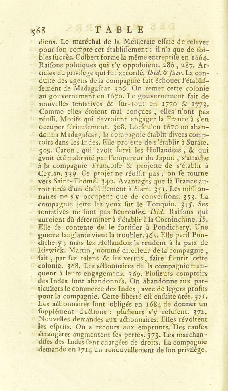5(58 TABLE diens. Le maréchal de la Meilleraie eflaie de relever pour fon compté cet établifTement ; il n’a que de foi- blés fuccès. Colbert forme la même entreprife en 1664. Raifons politiques qui s’y oppofoient. 2.86,287. Ar- ticles du privilège qui fut accordé. Ibid. &amp; fuiv. La con- duite des agens delà compagnie fait échouerl’établif- fement de Madagafcar. 306. On remet cette colonie au gouvernement en 1670. Le gouvernement fait de nouvelles tentatives &amp; fur-tout en 1770 &amp; 1773. Comme elles étoient mal conçues, elles n’ont pas réuffi. Motifs qui devroient engager la France à s’en occuper férieufement. 308. Lorfqu’en 1670 on aban- donna Madagafcar, la compagnie établit divers comp- toirs dans les Indes. File projette de s’établir à Surate. 509. Caron , qui avoir fervi les Hollandois , &amp; qui avoir été maltraité par l’empereur du Japon , s’attache à la compagnie Françoife &amp; projette de s’établir à Ceylan. 339. Ce projet ne réufïït pas ; on fe tourne vers Saint-Thomé. 340. Avantages que la France au- roit tirés d’un établi.^ement à Siam. 351. Les mifTion- naires ne s’y occupent que de converfions. 353. La compagnie jette les yeux fur le Tonquin. 355. Ses tentatives ne font pas heureufes. Ibid. Raifons qui auroient dû déterminer à s’établir à la Cochinchine. Ib. Elle fe contente de fe fortifier à Pondichéry. Une guerre fanglante vient la troubler.36s. Elle perd Pon- dichéry ; mais les Hollandois le rendent à la paix de Riswick. Martin , nommé direcfeur de la compagnie , fait, par fes talens &amp; fes vertus , faire fleurir cette colonie. 368. Les aélionnaires de la compagnie man- quent à leurs engagemens. 369. Pluficurs comptoirs des Indes font abandonnés. On abandonne aux par- ticuliers le commerce des Indes , avec de légers profits pour la compagnie. Cette liberté ell enfuite ôtée. 371. Les aébonnaires font obligés en 1684 de donner un fupplément d’aélions : plufieurs s’y refufent. 372. Nouvelles demandes aux aélionnaires. Elles révoltent les efprits. On a recours aux emprunts. Des caufes étrangères augmentent fes pertes. 373. Les marchan- difes des Indes font chargées de droits. La compagnie demande en 1714 un renouvellement de fon privilège»