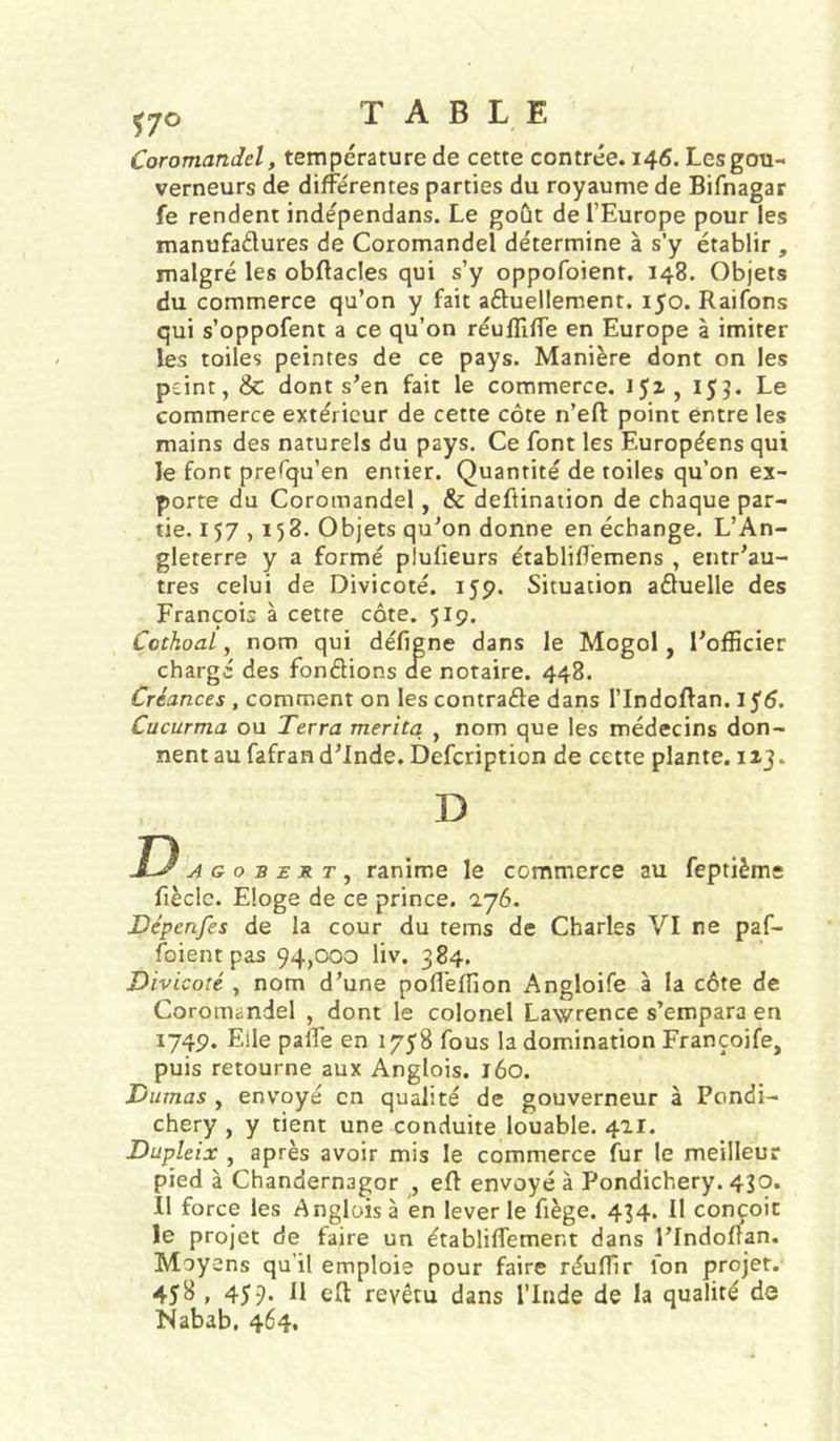 ^70 Coromandel, température de cette contrée. 146. Les gou- verneurs de différentes parties du royaume de Bifnagar fe rendent indépendans. Le goût de l’Europe pour les manufaélures de Coromandel détermine à s’y établir , malgré les obftacles qui s’y oppofoient. 148. Objets du commerce qu’on y fait aftuellement. 150. Raifons qui s’oppofent a ce qu’on réufTiffe en Europe à imiter les toiles peintes de ce pays. Manière dont on les peint, & dont s’en fait le commerce, iji, 15?. Le commerce extérieur de cette côte n’eft point entre les mains des naturels du pays. Ce font les Européens qui le font prefqu’en entier. Quantité de toiles qu’on ex- porte du Coromandel, & deftination de chaque par- tie. 157,158. Objets qu’on donne en échange. L’An- gleterre y a formé plufieurs établifîèmens , eiitr’au- tres celui de Divicoté. 15p. Situation aéluelle des François à cette côte. 519. Cothoal, nom qui défigne dans le Mogol, l’officier chargé des fondions ae notaire. 448. Créances , comment on les contrade dans l’Indoflan. 1^6. Cucurma ou Terra mérita , nom que les médecins don- nent au fafran d’Inde. Defeription de cette plante, izj. D , ranime le commerce au feptième fièclc. Eloge de ce prince. ijS. Dépenfes de la cour du tems de Charles VI ne paf- foientpas 94,000 liv. 384. Divicoté , nom d’une pofl'effion Angloife à la côte de Coromandel , dont le colonel Lawrence s’empara en 174p. Elle paffe en 175'8 fous la domination Françoife, puis retourne aux Anglois. 160. Dumas , envoyé en qualité de gouverneur à Pondi- chéry , y tient une conduite louable. 411. Dupleix , après avoir mis le commerce fur le meilleur pied à Chandernagor , efl envoyé à Pondichéry. 43*3» 11 force les Anglaisa en lever le fiège. 434. Il conçoit le projet de faire un établiffement dans l’Indoflan. Moyens qu’il emploie pour faire réuffir fon projet. 45^ * 459* 11 eft revêtu dans l’Inde de la qualité de Nabab. 464.