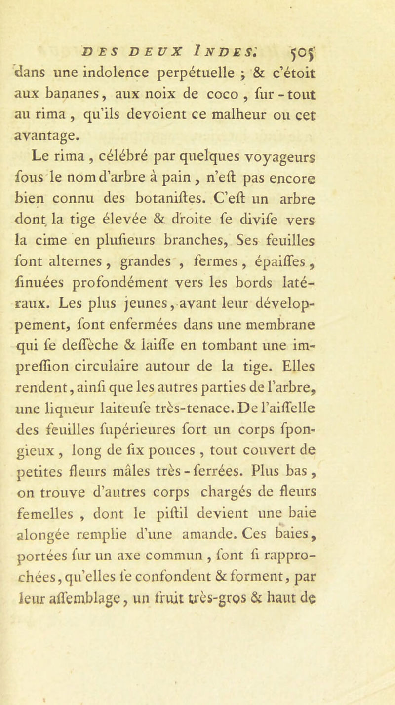 dans une indolence perpétuelle ; &amp; c’étoit aux bananes, aux noix de coco , fur-tout au rima , qu’ils dévoient ce malheur ou cet avantage. Le rima , célébré par quelques voyageurs fous'le nom d’arbre à pain , n’eft pas encore bien connu des botaniftes. C’eft un arbre dont la tige élevée &amp; droite fe divife vers la cime en plufieurs branches, Ses feuilles font alternes , grandes , fermes , épaifles , linuées profondément vers les bords laté- raux. Les plus jeunes, avant leur dévelop- pement, font enfermées dans une membrane qui fe deffèche &amp; laiiïe en tombant une im- prefîion circulaire autour de la tige. Elles rendent, ainfi que les autres parties de l’arbre, une liqueur laiteufe très-tenace. De l’aiffelle des feuilles fupérieures fort un corps fpon- gieux , long de fix pouces , tout couvert de petites fleurs mâles très - ferrées. Plus bas, on trouve d’autres corps chargés de fleurs femelles , dont le piftil devient une baie alongée remplie d’une amande. Ces baies, portées fur un axe commun , font fi rappro- chées, qu’elles fe confondent &amp; forment, par leur afl'emblage, un fruit très-gros &amp; haut de