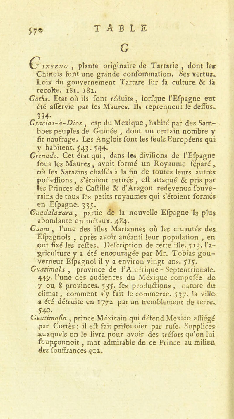 57® \ G ixszvG , ptanfe originaire de Tartarie , dont 1er Chinois font une grande confommation. Ses vertus«. Loix du gouvernement Tartare fur fa culture &amp; fa recoke. i8i. i8z. Coths. Etat où ils font réduits , lorfque l’Efpagne eut été aflervie par les Maures. Ils reprennent le deflus». 334- . . ' Cracias-à-Dios , cap du Mexique , habité par des Sam- boes peuples de Guinée , dont un certain norribre y •fit naufrage. Les Anglois font les feuls Européens qui y habitent. 543.544. Grenade, Cet état qui, dans les divifions de l’Efpagne fous les Maures, avoit formé un Royaume féparé y où les Sarazins chafTés à la fin de toutes leurs autrer poffelRons, s’étoient retirés , eft attaque &amp; pris par îes Princes de Caftille &amp; d’Aragon redevenus fouve- rains de tous les petits royaumes qui s’étoient formés en Efpagne. 335. 'Guadalaxara y partie de la nouvelle Efpagne la plus abondante en métaux. ,484. Cuam , l’une des ifles Mariannes où les cruautés des. Efpagnols , après avoir anéanti leur population , en ont fixé les relies. Defcrlption de cette ille. 513. l’a- ^rîculture y a été enoouragéè par Mr. Tobias gou- verneur Efpagnol il y a environ vingt ans. 515. Guatimah y province de EAm'^rique - Septentrionale. 44p. l’une des audiences du Mexique compofée de 7 ou 8 provinces. 535. fes produélions, nature du climat, comment s’y fait le commerce. 537. la ville a été détruite en 1771 par un tremblement de terre.. 540- Gniuimojîn , prince Méxicain qui défend Mexico adiégé par Cortès : il eft fait prifonnier par rufe. Supplices auxquels on le livra pour avoir des tréfors qu’on lui foupçonnoit, mot admirable de ce Prioce au miliei^ des foulfrances 401.