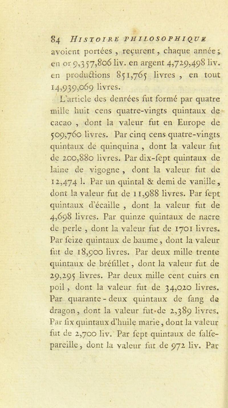 avoient portées , reçurent, chaque année ; en or 9,3 57,806 liv. en argent 4,729,498 liv. en productions 851,765 livres , en tout 14,939,069 livres. L’article des denrées fut formé par quatre mille huit cens quatre-vingts quintaux de cacao , dont la valeur fut en Europe de 509,760 livres. Par cinq cens quatre-vingts quintaux de quinquina , dont la valeur fut de 200,880 livres. Par dix-fept quintaux de laine de vigogne , dont la valeur fut de 12,474 1. Par un quintal &amp; demi de vanille, dont la valeur fut de 11,988 livres. Par fept quintaux d’écaille , dont la valeur fut de 4,698 livres. Par quinze quintaux de nacre de perle , dont la valeur fut de 1701 livres. Par feize quintaux de baume , dont la valeur fut de 18,900 livres. Par deux mille trente quintaux de brélillet, dont la valeur fut de 29,295 livres. Par deux mille cent cuirs en poil , dont la valeur fut de 34,020 livres. Par quarante - deux quintaux de fang de dragon, dont la valeur flit-de 2,389 livres. Par fix quintaux d’huile marie, dont la valeur fut de 2,700 liv.' Par fept quintaux de falfe- pareille, dont la valeur fut de 972 liv. Par
