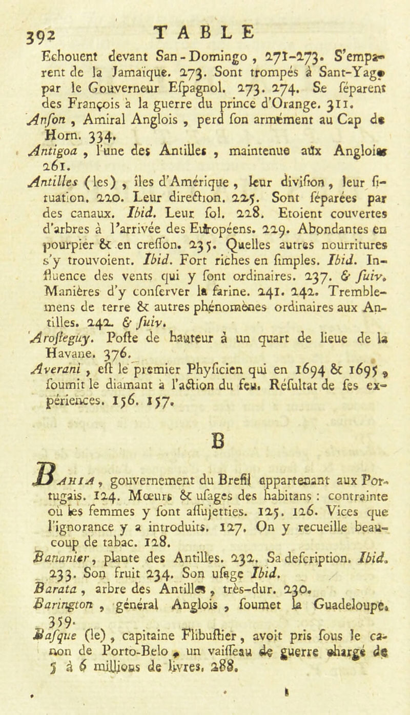 Echouent devant San-Domingo, 27I-273. S’empa- rent de la Jamaïque. 2.73. Sont trompés à Sant-Yag® par le Gouverneur Efpagnol. 173. 274. Se féparent des François a la guerre du prince d’Orange. 311. Anfon , Amiral Anglois , perd Ton armement au Cap d« Horn. 334. Antigoa , l’une des Antilles , maintenue atix Angloia» 261. Antilles (les) , îles d’Amérique , leur divifton, leur fi- ruation. 220. Leur direéhon. 22.5. Sont féparées par des canaux. Ibid. Leur fol. 228. Etoient couvertes d’arbres à l’arrivée des Eift-opéens. 229. Abondantes en pourpier en creflon. 235. Quelles autres nourritures s’y trouvoient. Ibid. Fort riches en ftmples. Ibid. In- fluence des vents qui y font ordinaires. 237. &amp; fuiv. Manières d’y conferver la farine. 241. 242. Tremble- mens de terre autres phénomènes ordinaires aux An- tilles. 242. &amp; fuiv. Arofleguy. Pofte de hauteur à un quart de lieue de la Havane. 376. Averani , eft le premier Phyficien qui en 1694 &amp;c 1695 , fournit le diamant à l’aélion du feu. Réfultat de fss ex- périences. 156. 157. B B j4hia , gouvernement du Brefil appartenant aux For- tugais. 124. Mœurs ufages des habitans : contrainte où les femmes y font aflujetties. 125. 126. Vices que l’ignorance y a introduits. 127, On y recueille beau- coup de tabac. 128. Bananier, plante des Antilles. 232. Sa defeription. Ibid. 233. Son fruit 234. Son ufage Ibid. Barata , arbre des Antill« , très-dur. 220. Barington , général Anglois , foumet la Guadeloupe» 359- Bafque (le) , capitaine Flibuftier, avoit pris fous le ca- non de Porto-Belo * un vailîèau de guerre ®hargé de 5 à 6 miflioBs de livres. 288. k